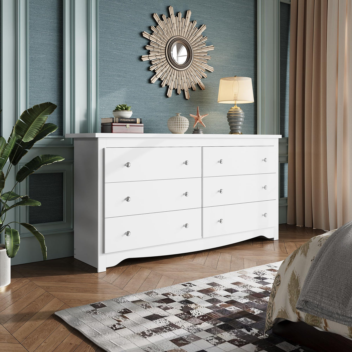 WLIVE Wood White Dresser with 6 Drawer, 59“Wide Chest of Drawers for Bedroom, Long Nightstand with Drawers, Modern Large Storage Tower Unit, Closet Store Organizer for Living Room, Hallway WLIVE