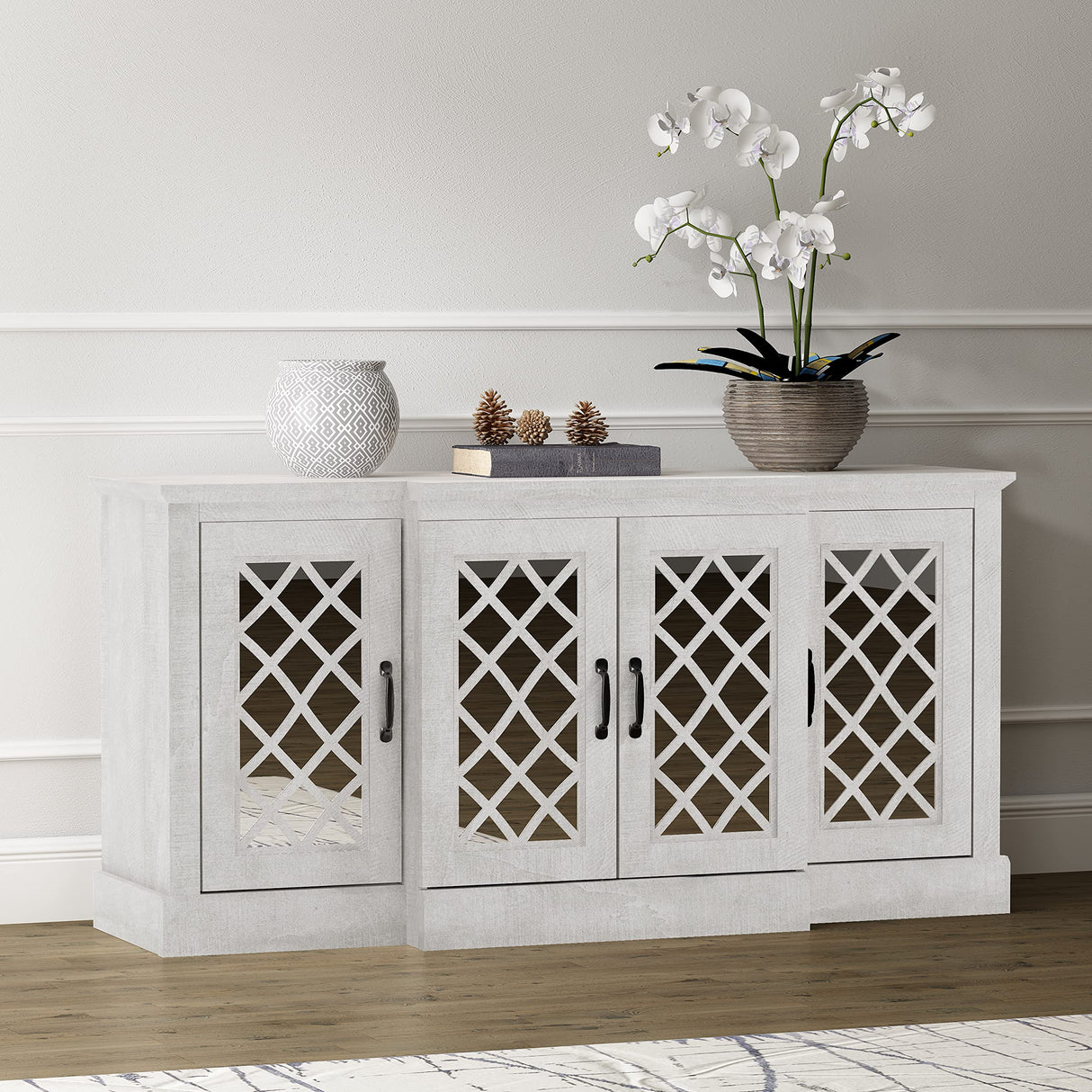 Galano Millicent Wide Sideboard Buffet Cabinet, Kitchen Storage Cabinet with Acrylic Mirror Doors, Cupboard Console Table, Rustic Farmhouse Buffet Display for Coffee Bar, Dusty Grey Oak Galano