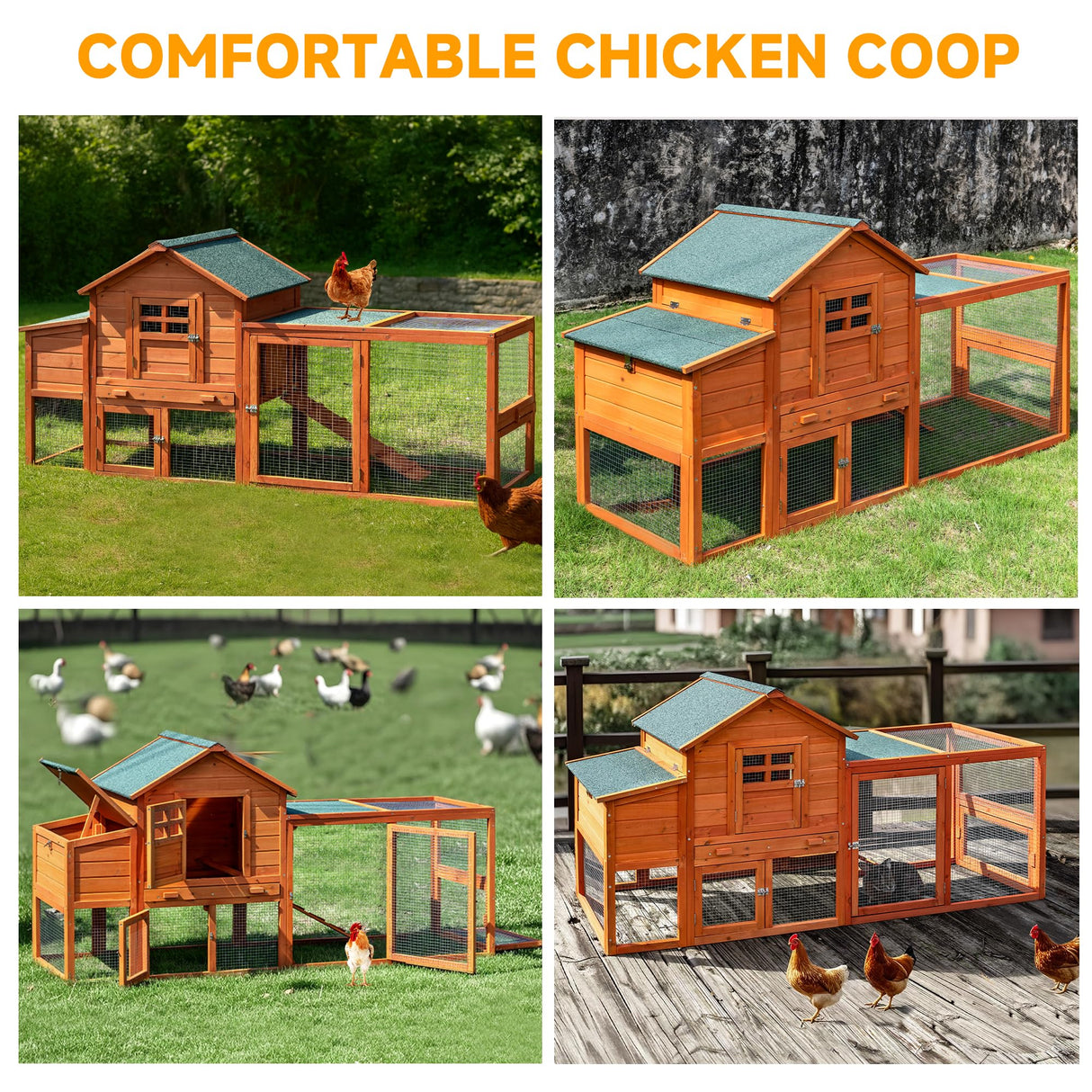 GARWOOD Large Wooden Chicken Coop Outdoor Big Hen House Poultry Pet Duck Hutch with Run Cage Nesting Box Waterproof Asphalt Roof Ramp Removable Tray Wire Fence for Backyard Small Animals 79" Brown GARWOOD