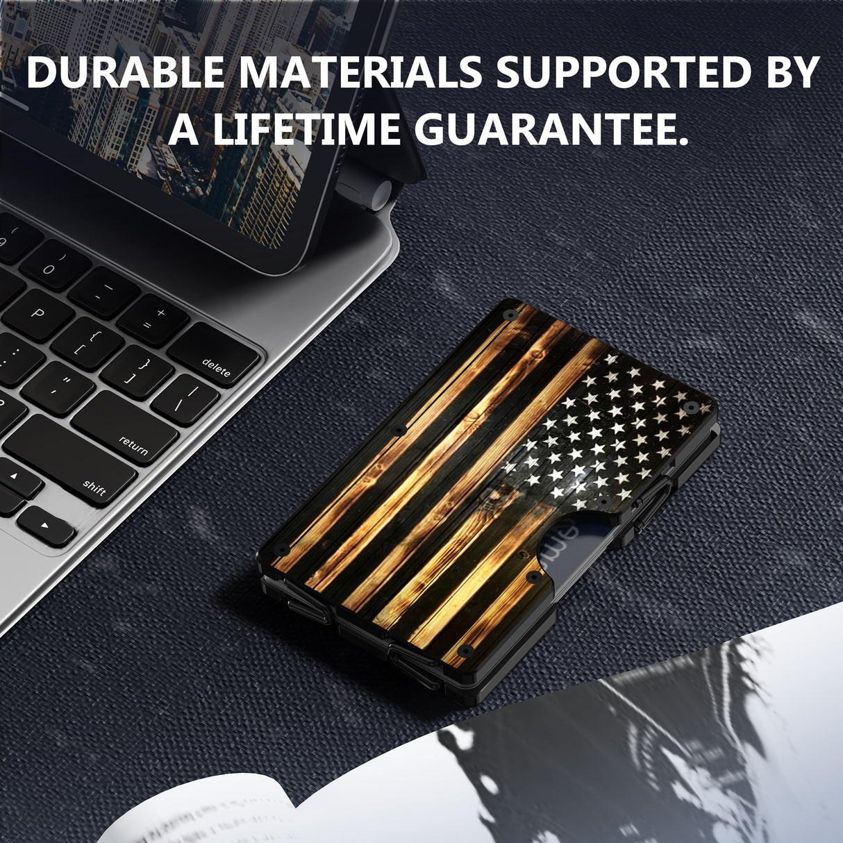 MIFANYO Minimalist Aluminum Wallet for Men, Slim RFID Blocking Money Clip, Front Pocket Metal Card Holder for Business Travel, Wood Grain American Flag, Personalized USA Gift for Soldiers Veteran MIFANYO
