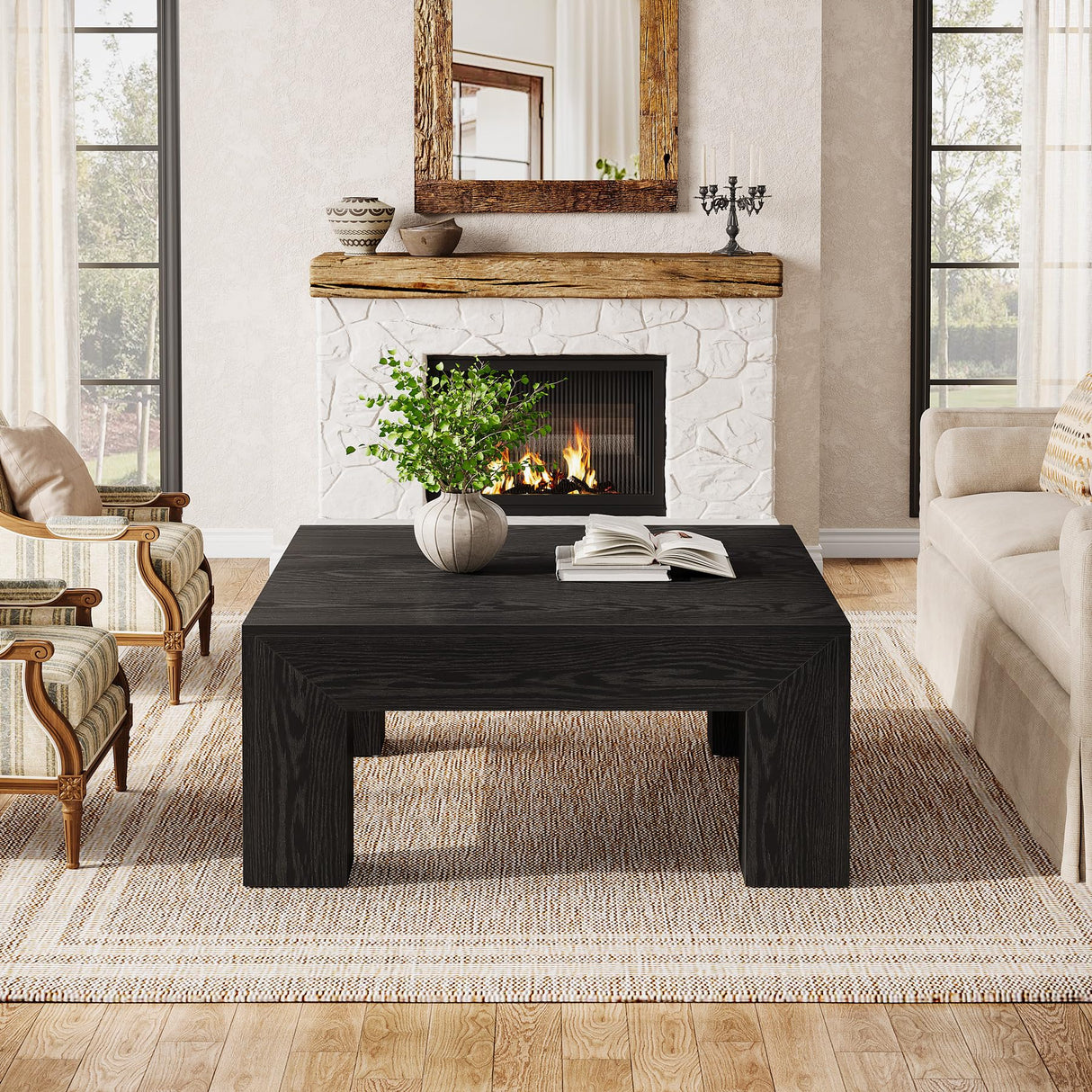 Tribesigns Farmhouse Square Coffee Table for Living Room, 39.37-Inch Low Large Center Tea Accent Table with Sturdy Legs, Easy Assembly (Black) Tribesigns