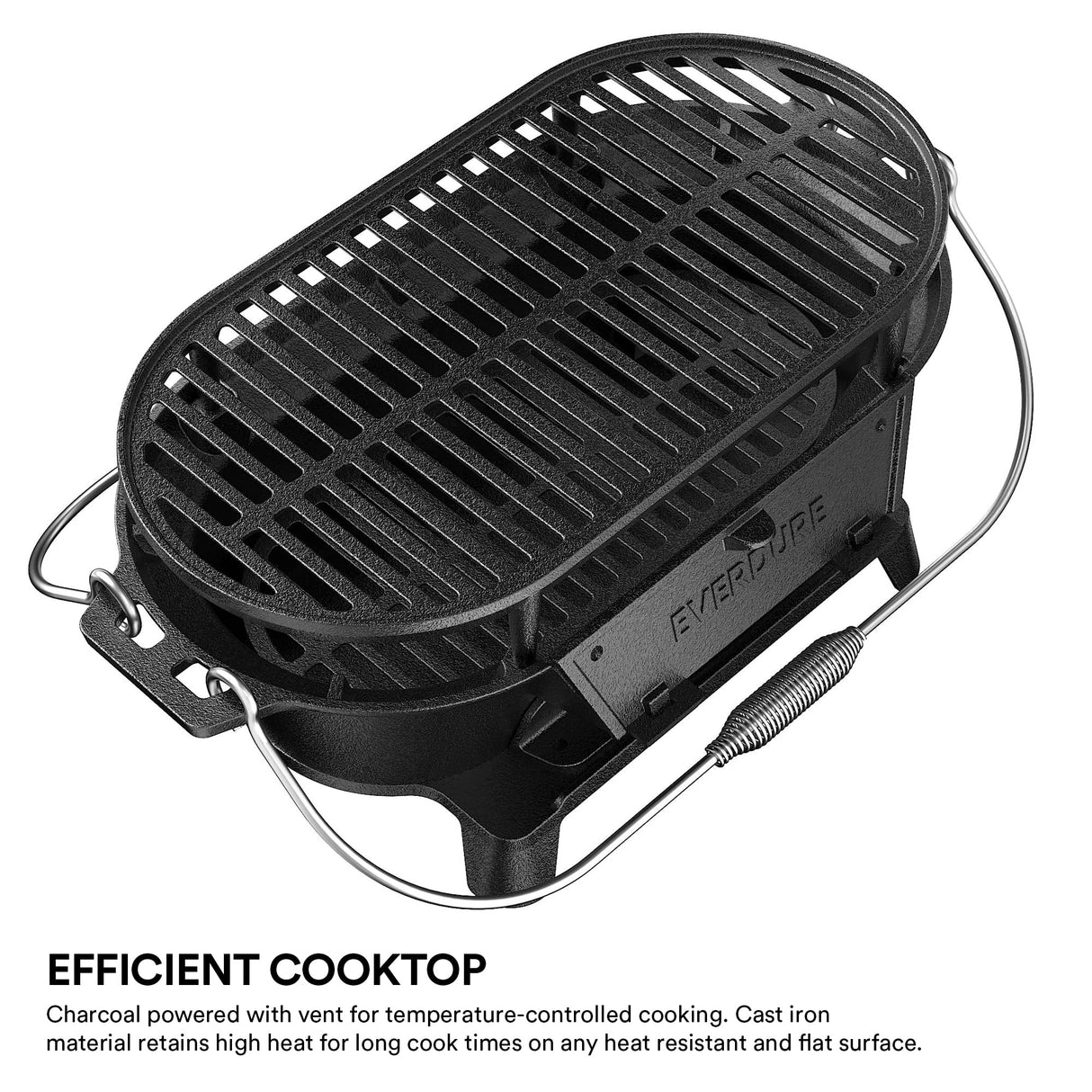 Everdure Oval Cast Iron Grill & Cover – Outdoor, Portable Charcoal Grill and Tabletop Cast Iron Skillet - 100% Cast Iron, Enameled, Durable, Small Charcoal Grill, Camping Stove, Hibachi Grill Everdure