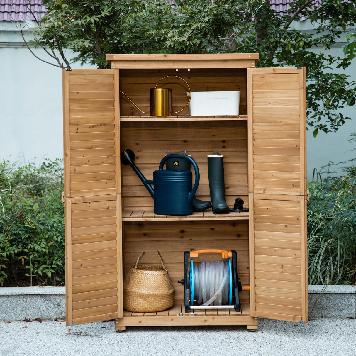 TAKUKA Outdoor Storage Cabinet with 3 Shelves, Wooden Garden Shed with Double Doors& Waterproof Roof, Outside Utility Tall Tool Organizer for Garden Farm Backyard TAKUKA