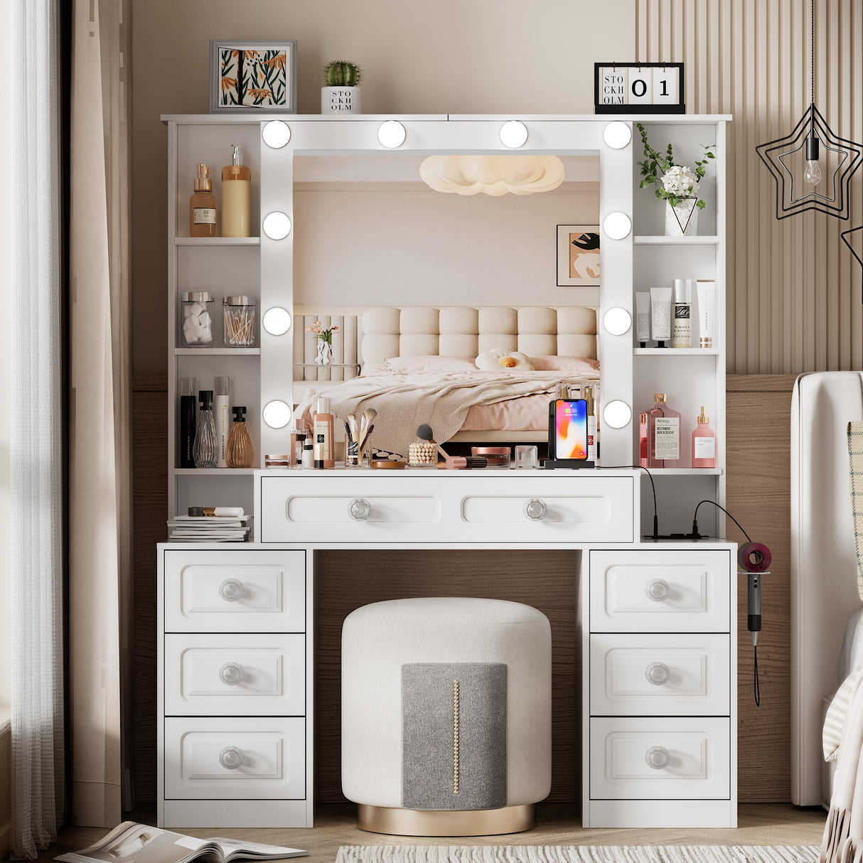 FURNJOYLIFE Farmhouse Makeup Vanity with Lighted Mirror & Charging Station, Vanity Desk Dresser Table with 3 Lighting Modes Brightness Adjustable,Drawers,Shelves,Hair Dryer Stand for Bedroom,White FURNJOYLIFE