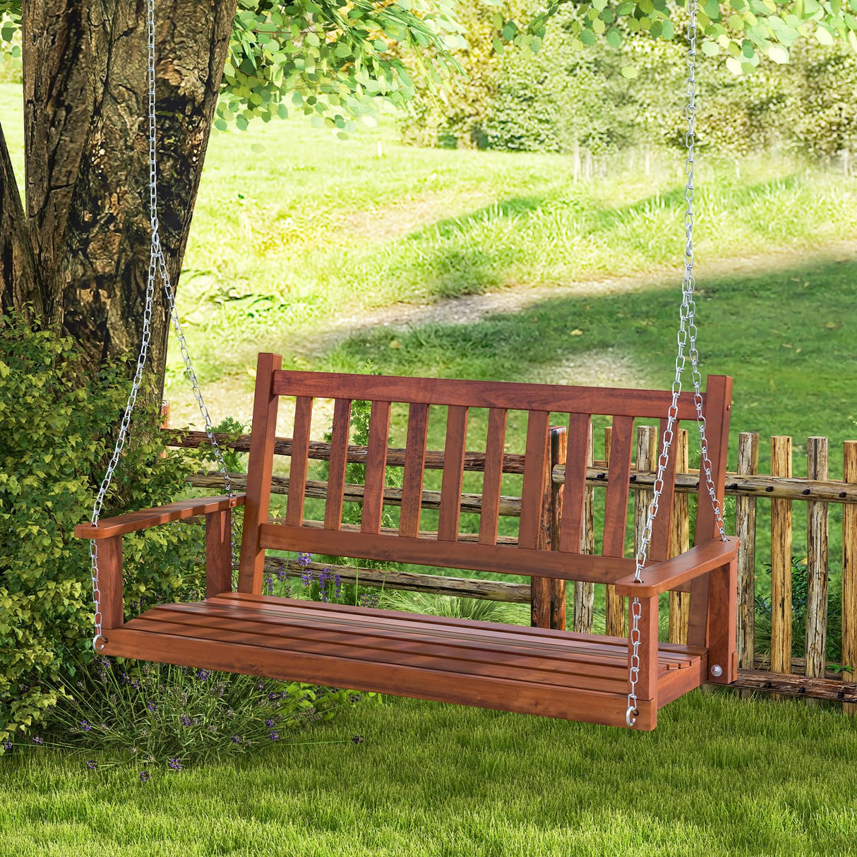 HAPPYGRILL 2-Person Wooden Outdoor Porch Swing, Heavy Duty Patio Hanging Bench Chair with 500 LBS Weight Capacity, 5.6 FT Adjustable Upper Chains, Slatted Back, Swing Bench for Garden, Backyard HAPPYGRILL