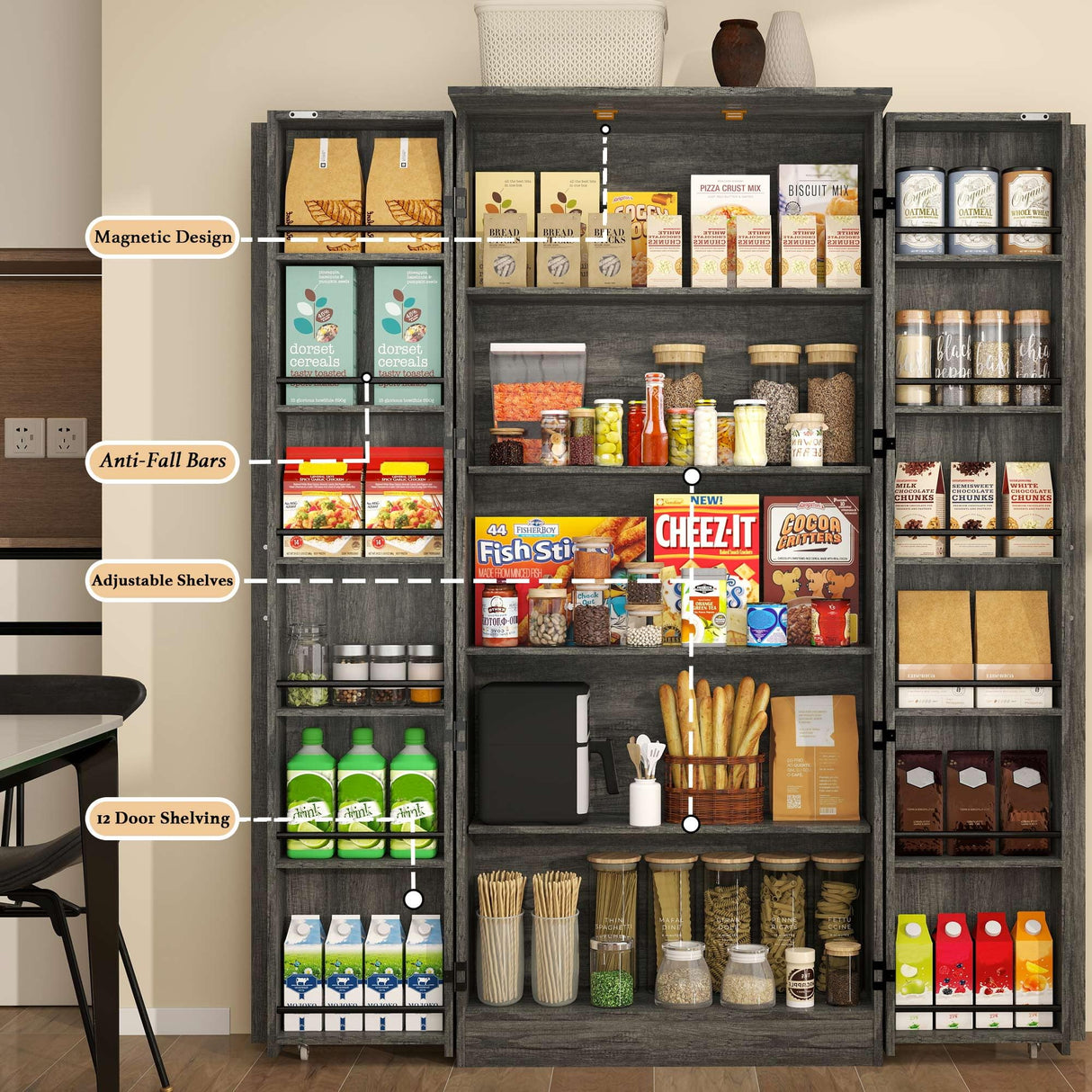 Vrmuxita Tall Kitchen Pantry Cabinet: Food Pantry Cabinets for Kitchen Storage, Grey Wood Storage Cabinet with 2 Doors, Farmhouse Cabinets with Freestanding Cupboard (Grey) Vrmuxita