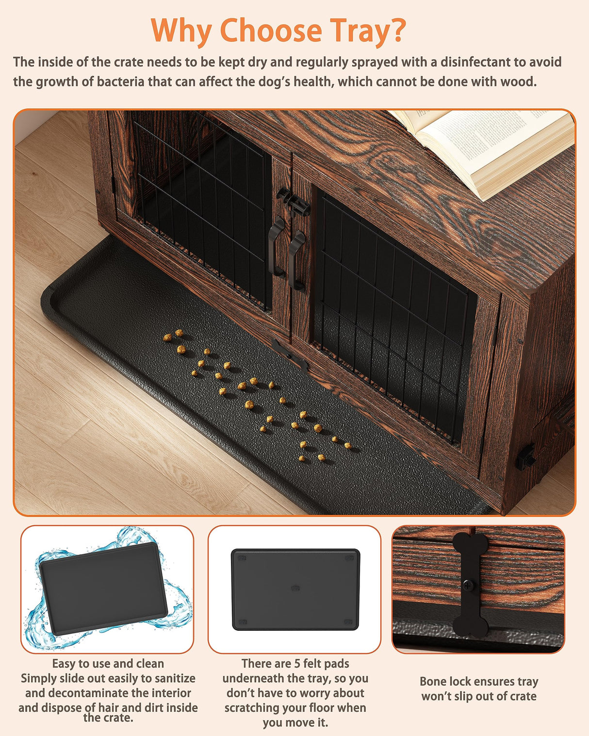 Piskyet Wooden Dog Crate Furniture with 360°Rotatable Removable Dog Bowls, Dog Crate End Table with Tray, Double Doors Dog Kennels for Dogs(M:31.8" L*22.1" W*24.1" H, Rustic Style) Piskyet