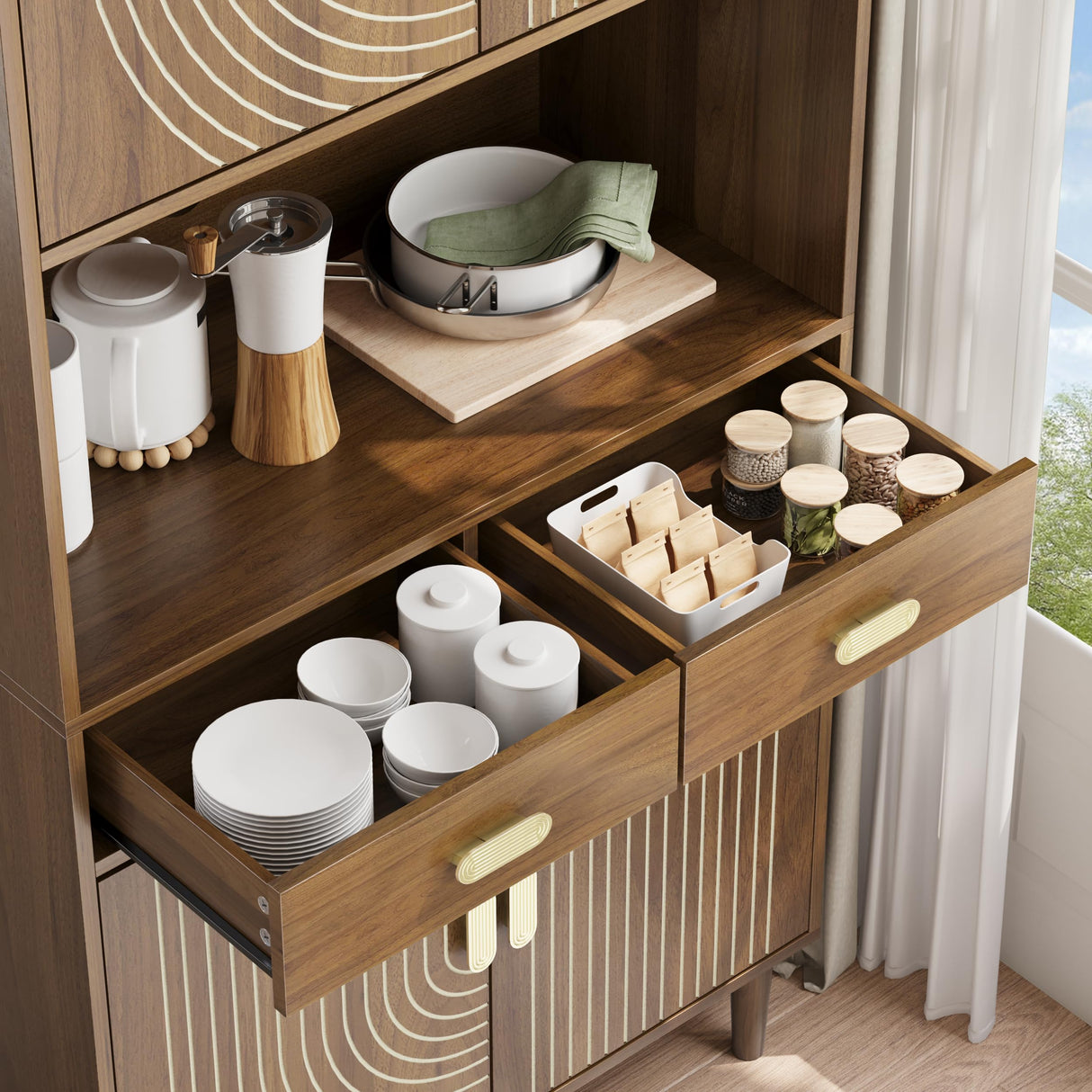 Smuxee 70.87" Walnut Kitchen Pantry Cabinet, Tall Food Pantry Cabinet with Line Groove Design, Kitchen Hutch with Microwave Stand for Dining Room Living Room Smuxee