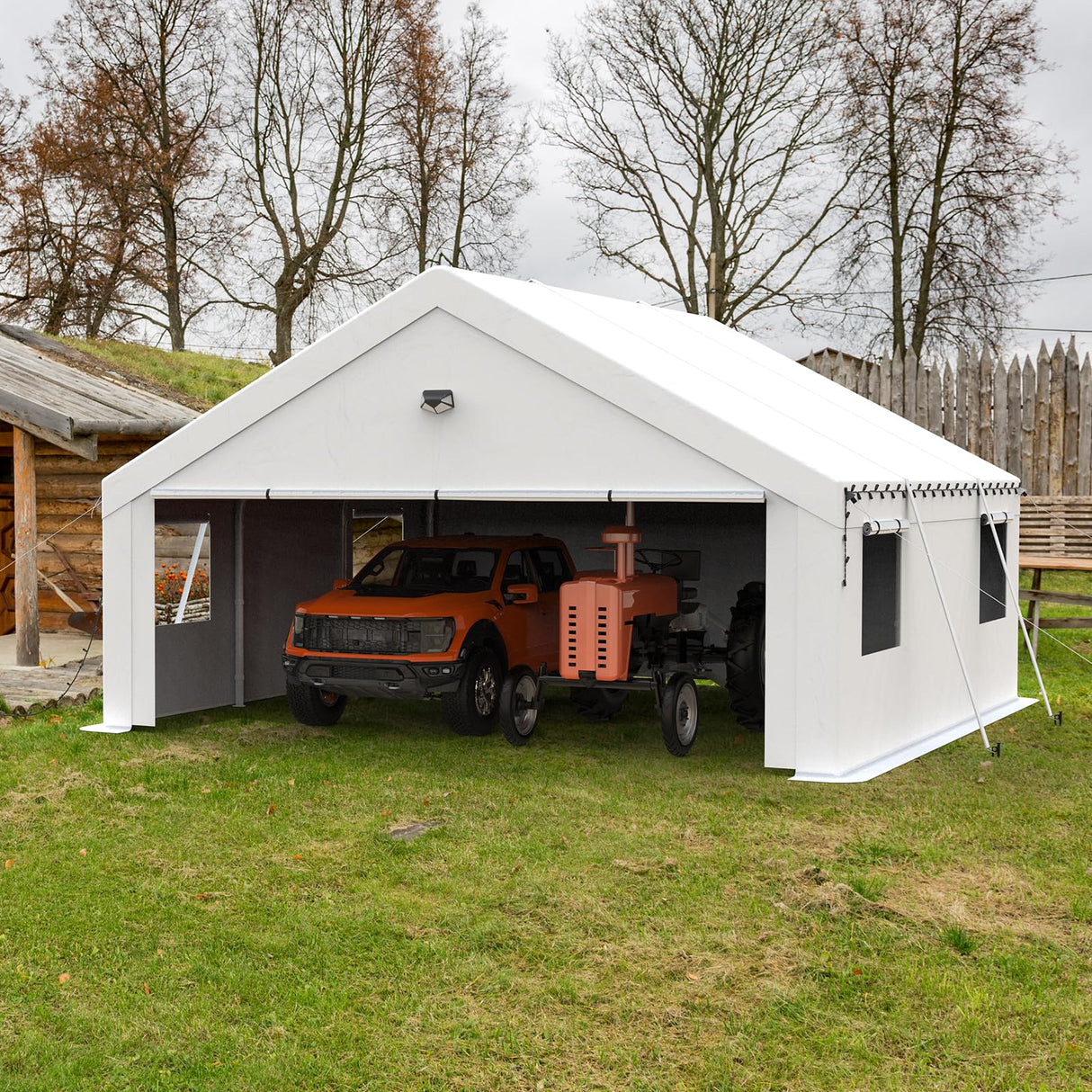 Benass Carports 20x20 Heavy Duty, Portable Garage 20x20 with 2 Roll Up Zipper Doors and Mesh Windows, Driveway Car Port Canopy, White Benass