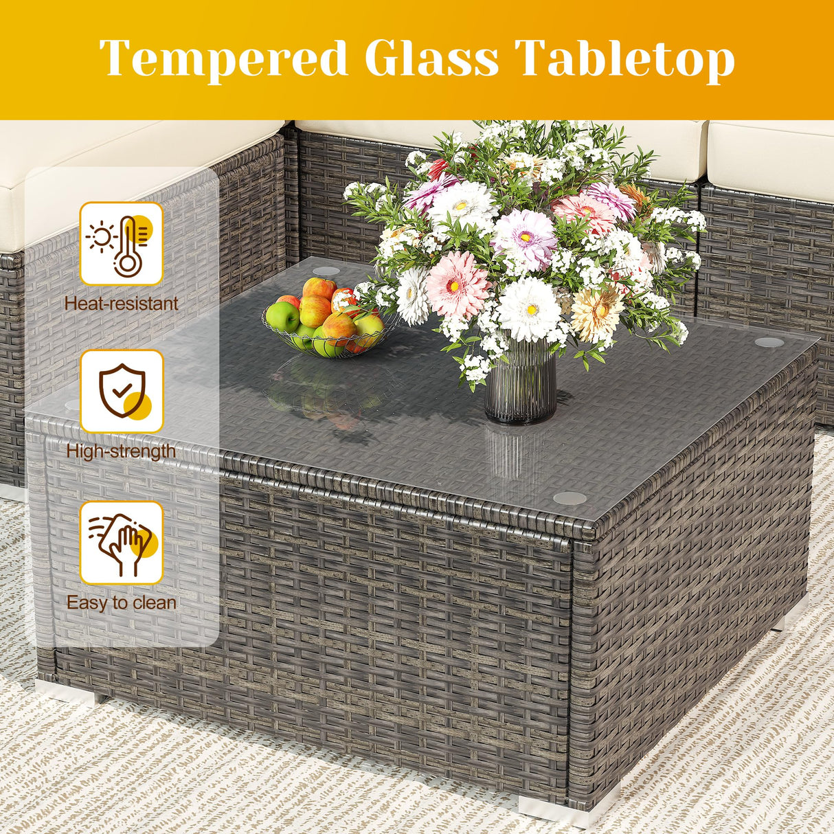 SUNVIVI OUTDOOR Outdoor Patio Furniture Set, 5 Piece Patio Conversation Set, Waterproof Wicker Patio Furniture Set, All Weather Combination Patio Conversation Sets with Cushions and Glass Table, Beige SUNVIVI OUTDOOR