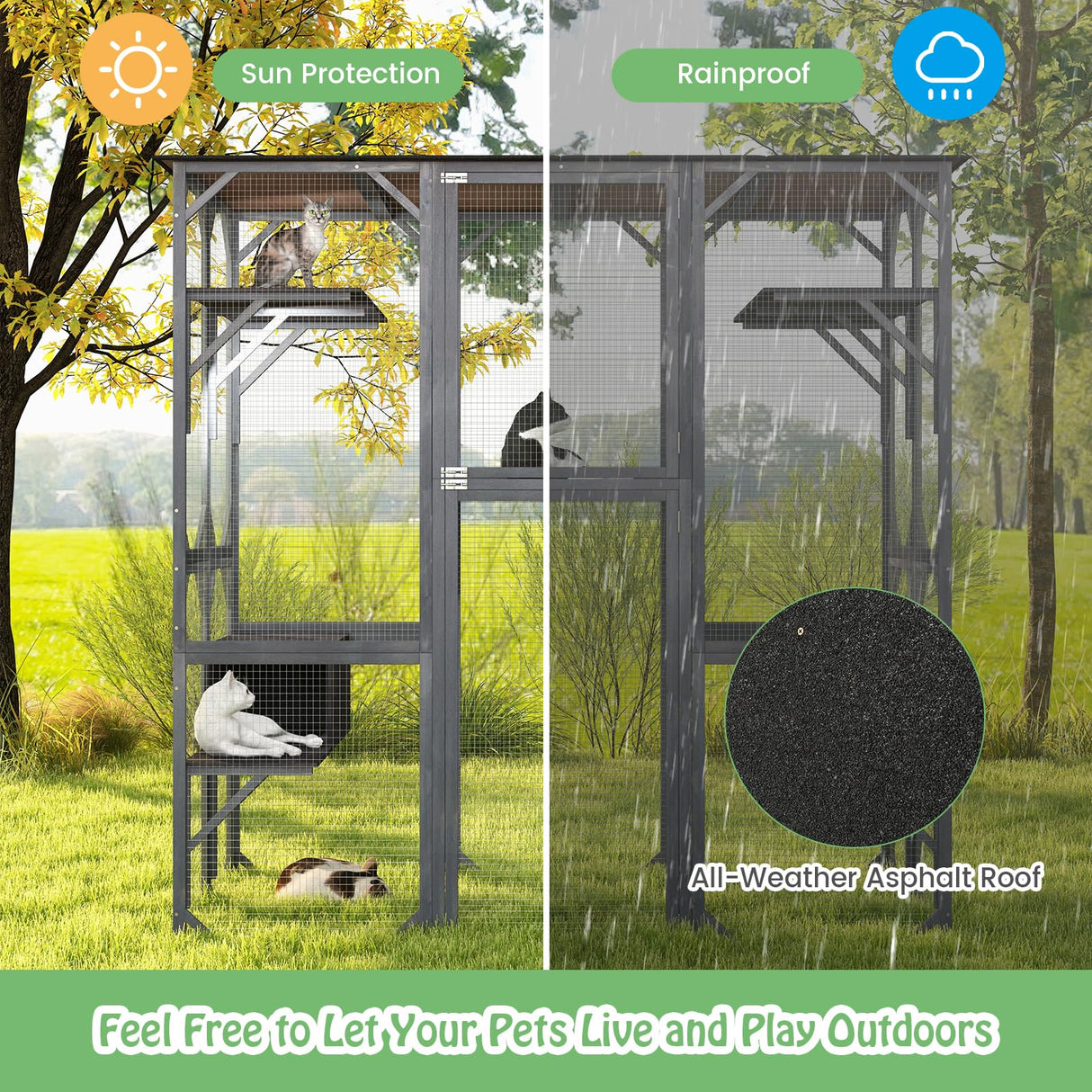 Tangkula Catio Outdoor Cat Enclosure Large, 71 Inch Outdoor Cat House Weatherproof with Asphalt Roof, Wooden Cat Cage Playpen with 7 Jumping Platforms & 2 Resting Boxes, Walk-in Cat Kennel Condo Tangkula