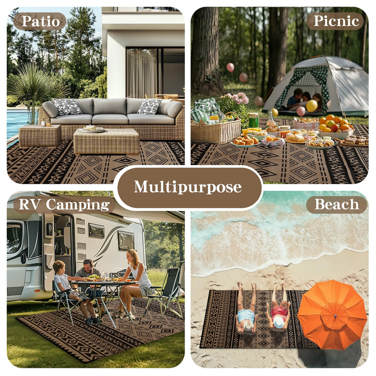 Wallona Outdoor Rugs 5x8 ft Patio Waterproof Clearance Indoor Outdoor Carpet for Patio Plastic Straw Reversible Area Rugs Mat for RV, Camping, Balcony, Beach, Picnic, Porch, Boho Black & Brown Wallona