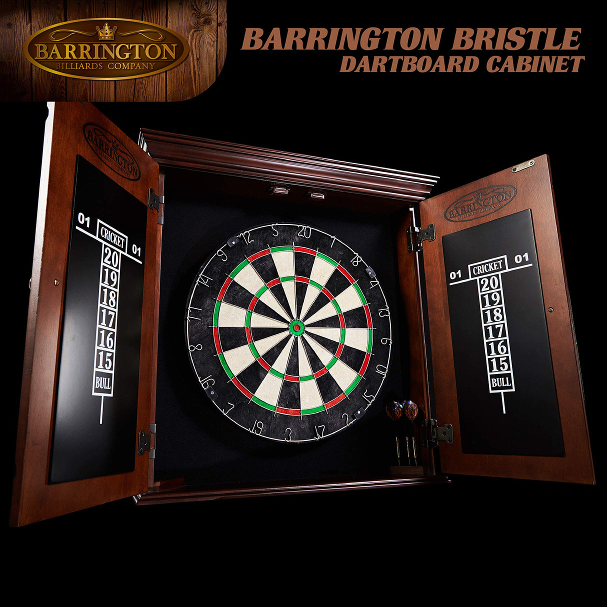 Barrington Billiards Chatham Wood Dartboard Cabinet With 18” Bristle Dartboard and Steel Tip Dart Set Barrington Billiards