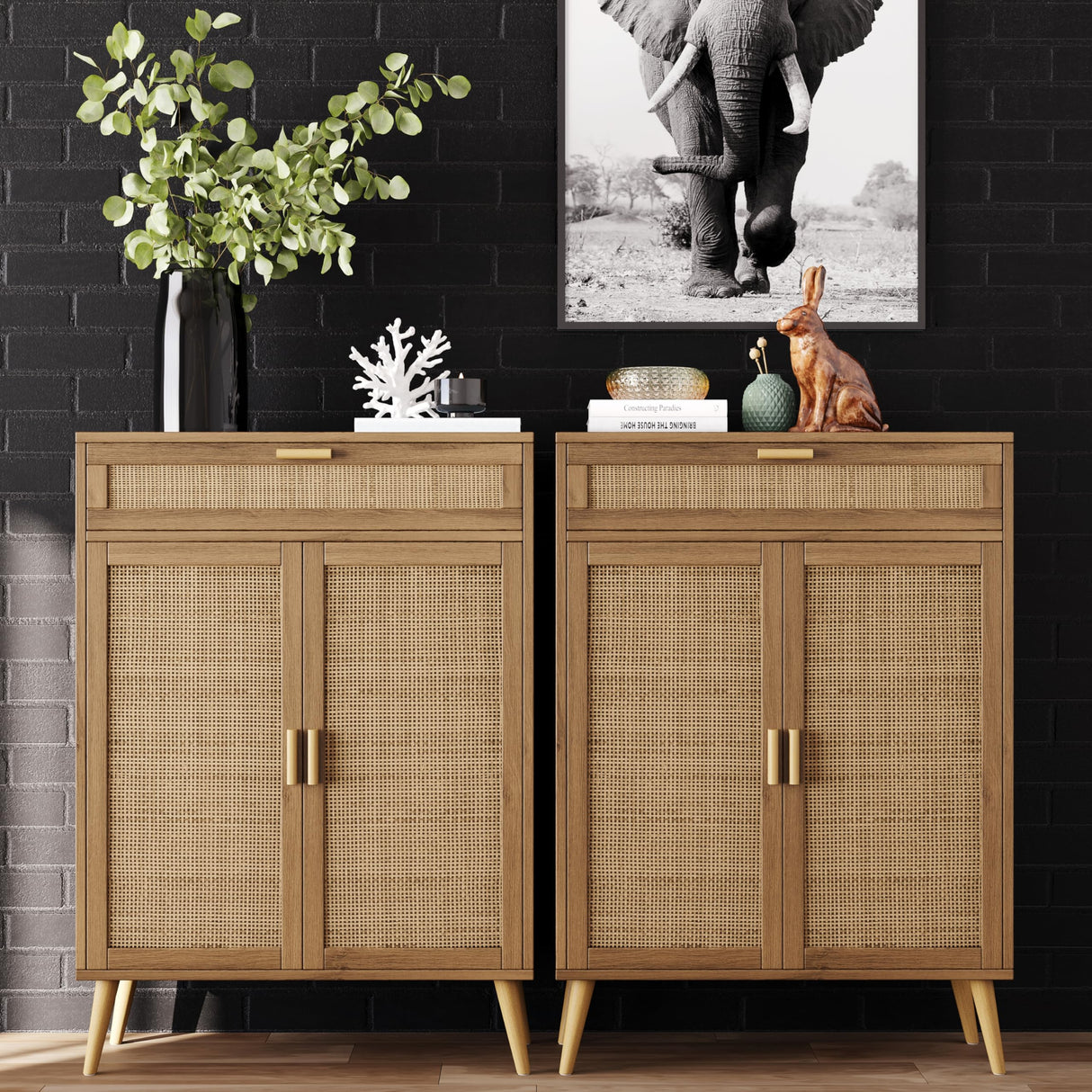 Rovaurx Accent Floor Storage Cabinet with Rattan Doors, Bathroom Cabinet with Large Drawer, Freestanding Storage Cabinet Organizer, Natural BMGZ107M Rovaurx