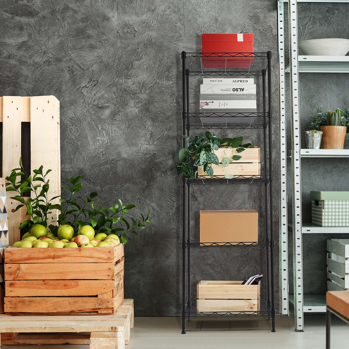 GIOTORENT 5-Wire Shelving Storage Garage Organizer, Adjustable Metal Shelf Wire Shelving Unit Rack for Laundry Bathroom Kitchen Storage, Pantry Closet Shelves, Matt Black GIOTORENT