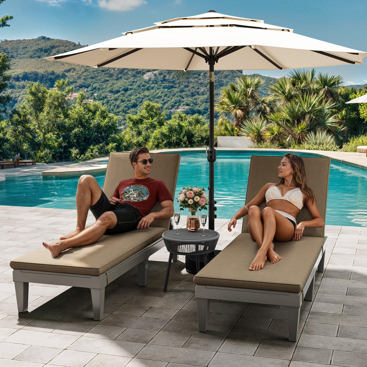 YITAHOME Outdoor Chaise Lounge Chair, Plastic Pool Chaise Lounge with Cushions & 5-Position Backrest, Easy Assembly & Waterproof for Patio & Poolside, Set of 2, Brown YITAHOME