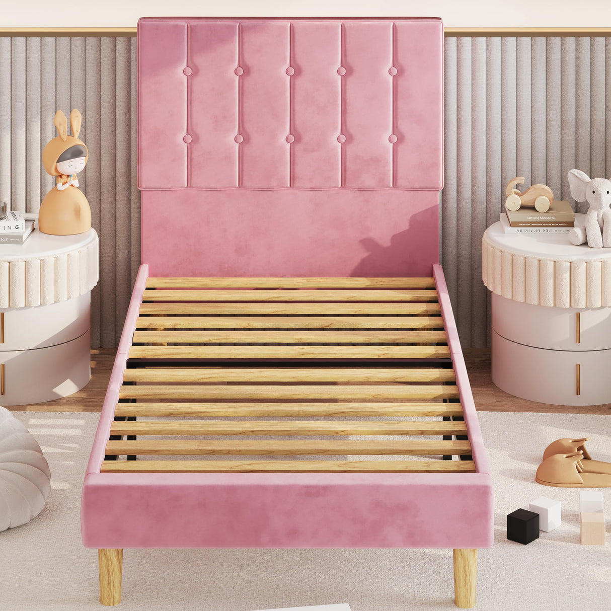 LIKIMIO Twin Bed Frames, Velvet Upholstered Platform Bed Frame with Headboard and Strong Wooden Slats, No Box Spring Needed/Noise-Free/Easy Assembly, Pink LIKIMIO