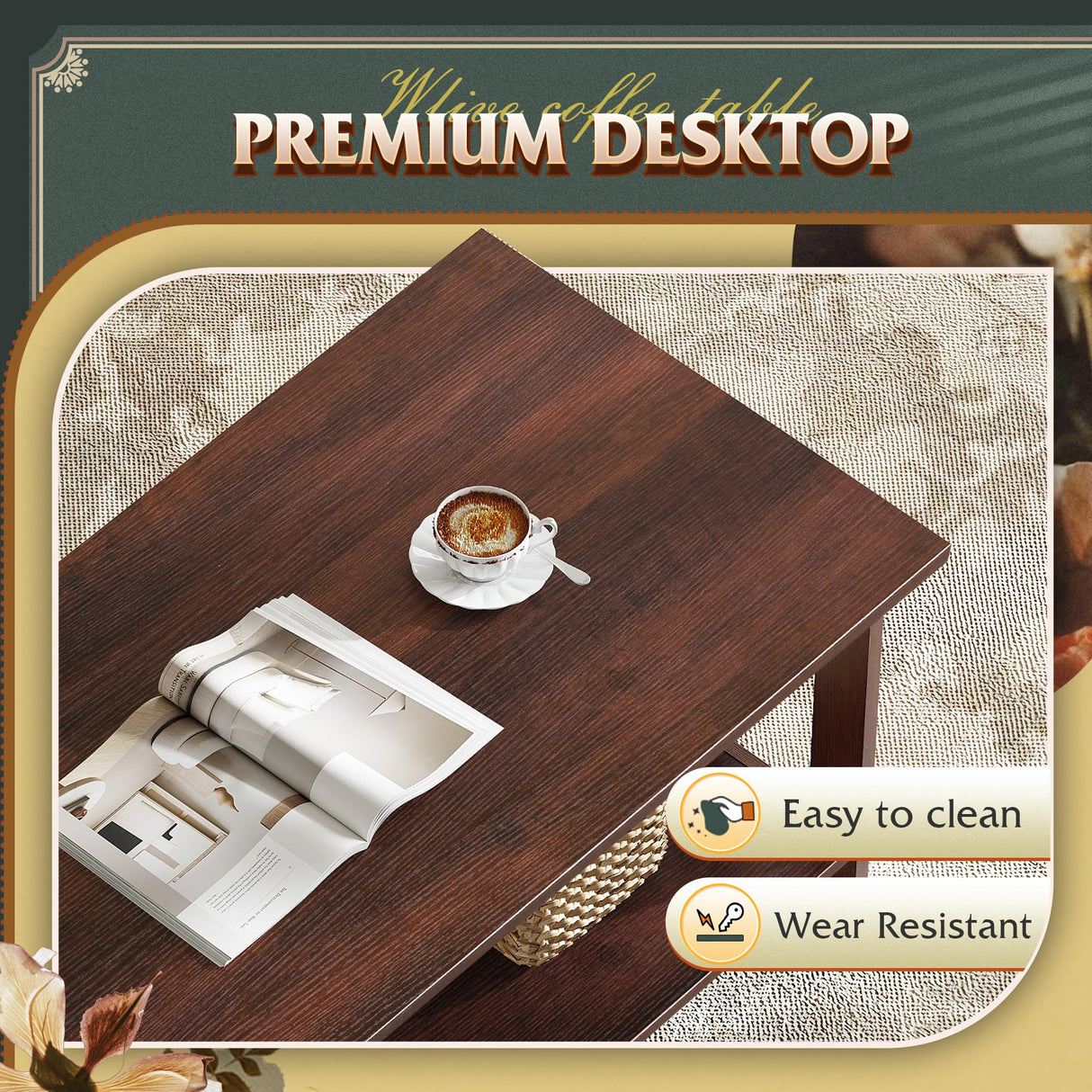 WLIVE Coffee Table with Storage Shelf, 39.4" Farmhouse Coffee Table with V-Frame Support, 2-Tier Wood Rustic Center Table for Living Room, Bedroom & Balcony, Espresso WLIVE