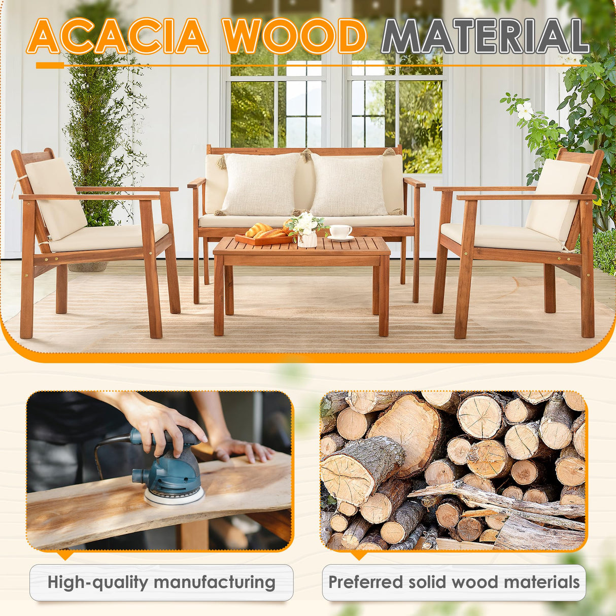 Greesum 4 Piece Bistro Patio Furniture Outdoor Chat Chair Set with Water Resistant Cushions and Coffee Table for Beach Backyard Garden, Acacia Wood Greesum