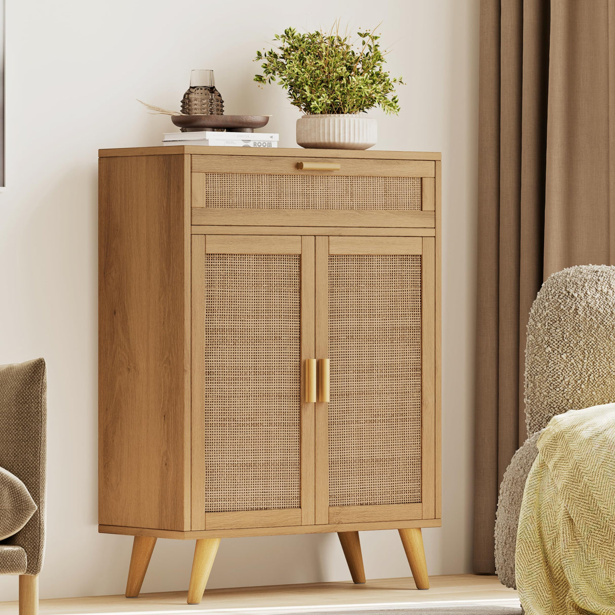 Rovaurx Accent Floor Storage Cabinet with Rattan Doors, Bathroom Cabinet with Large Drawer, Freestanding Storage Cabinet Organizer, Natural BMGZ107M Rovaurx