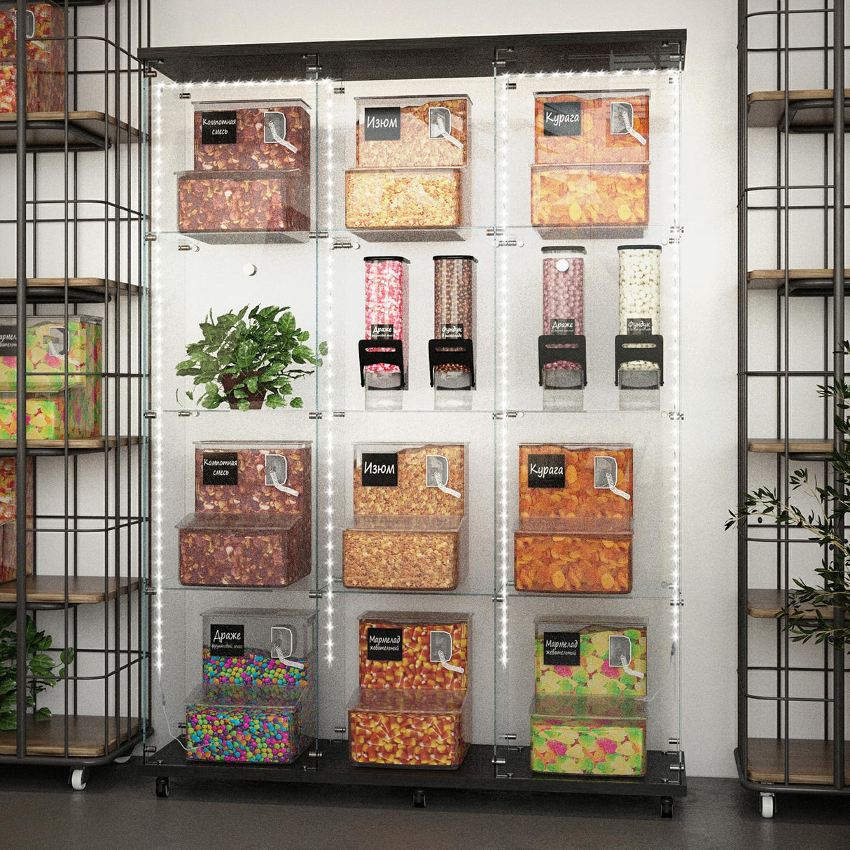 TRJQBCC 3 Column 2 Doors Tempered Glass Display Cabinet with LED Lights Strip, 4-Shelf Wooden Removable Curio Storage Cabinet with Casters, 65" H Lock Display Case Bookshelf for Home & Office (Black) TRJQBCC