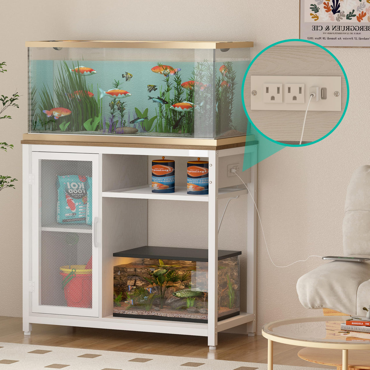 40-50 Gallon Aquarium Stand,Fish Tank Stand with Power Outlets, Aquarium Cabinet for Fish Tank,Metal Fish Tank Stand with Storage Suitable for Turtle Tank, Reptile Terrarium, 660LBS Capacity, White GarveeHome