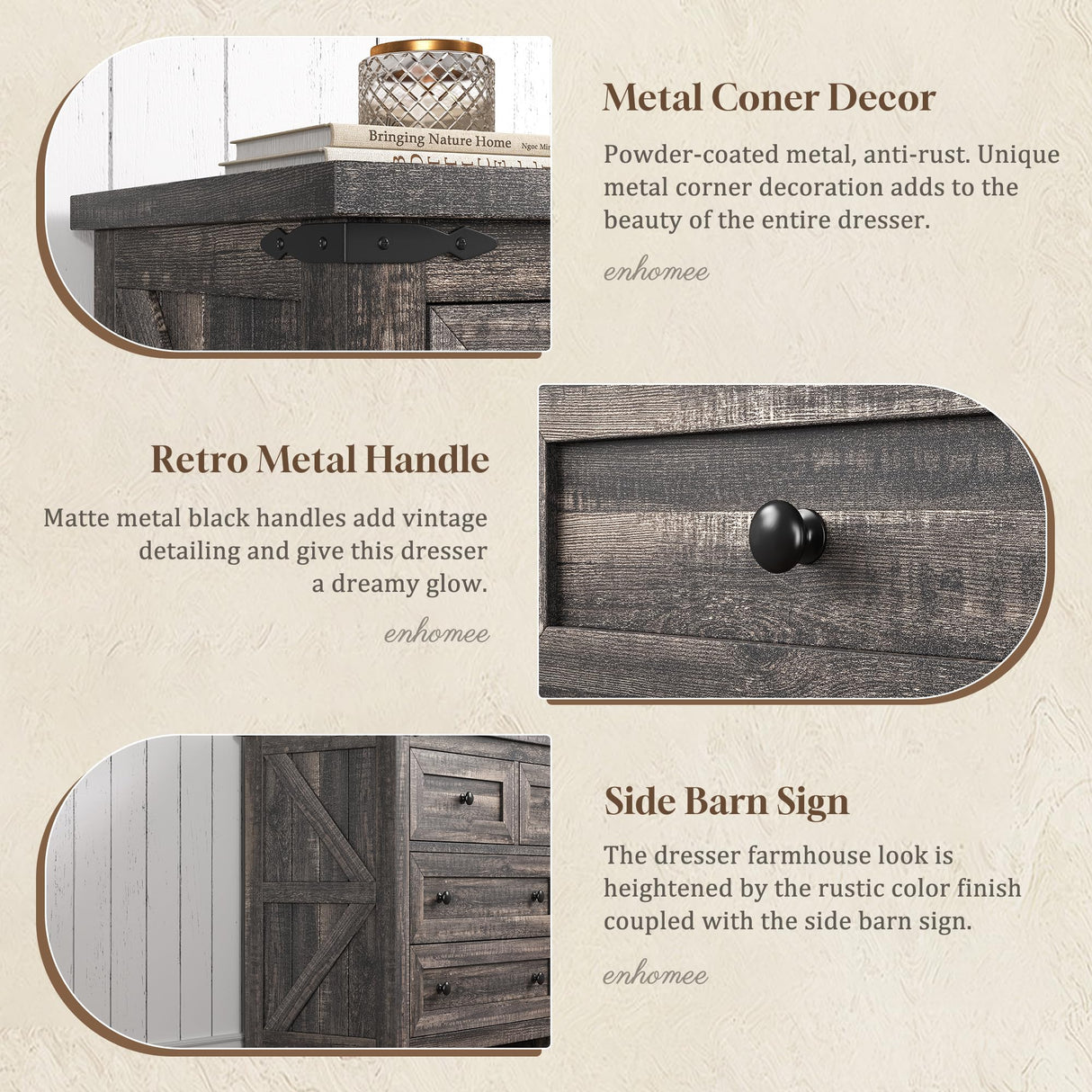 EnHomee Dresser for Bedroom with 7 Drawers Wood Dresser with Smooth Metal Rail Long Dressers & Chests of Drawers Farmhouse Dresser for Bedroom Dresser TV Stand for Bedroom, Closet, Dark Rustic Oak EnHomee