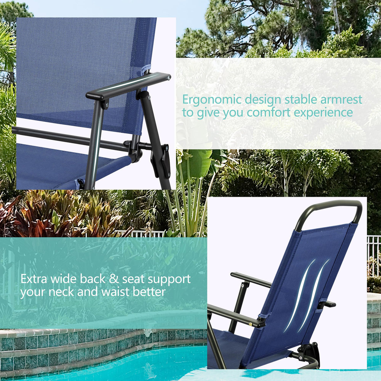 Vongrasig 6 Pieces Folding Patio Dining Set, All Weather Small Metal Outdoor Table and Chair Set, Garden Patio Furniture Set w/Umbrella, Glass Table & 4 Folding Chairs for Lawn, Backyard, Blue Vongrasig