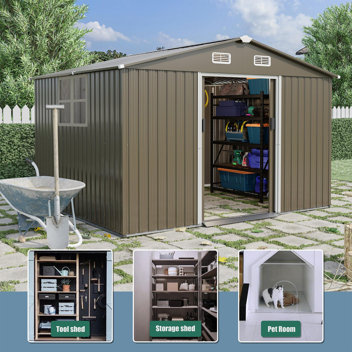 10FT x 8FT Outdoor Storage Shed, Waterproof, Lockable Door Metal Tool Shed with Sliding Door and Air Vents, Storage House for Gardening Tools, Metal Storage Shed for Garden, Backyard, Lawn RTDTD