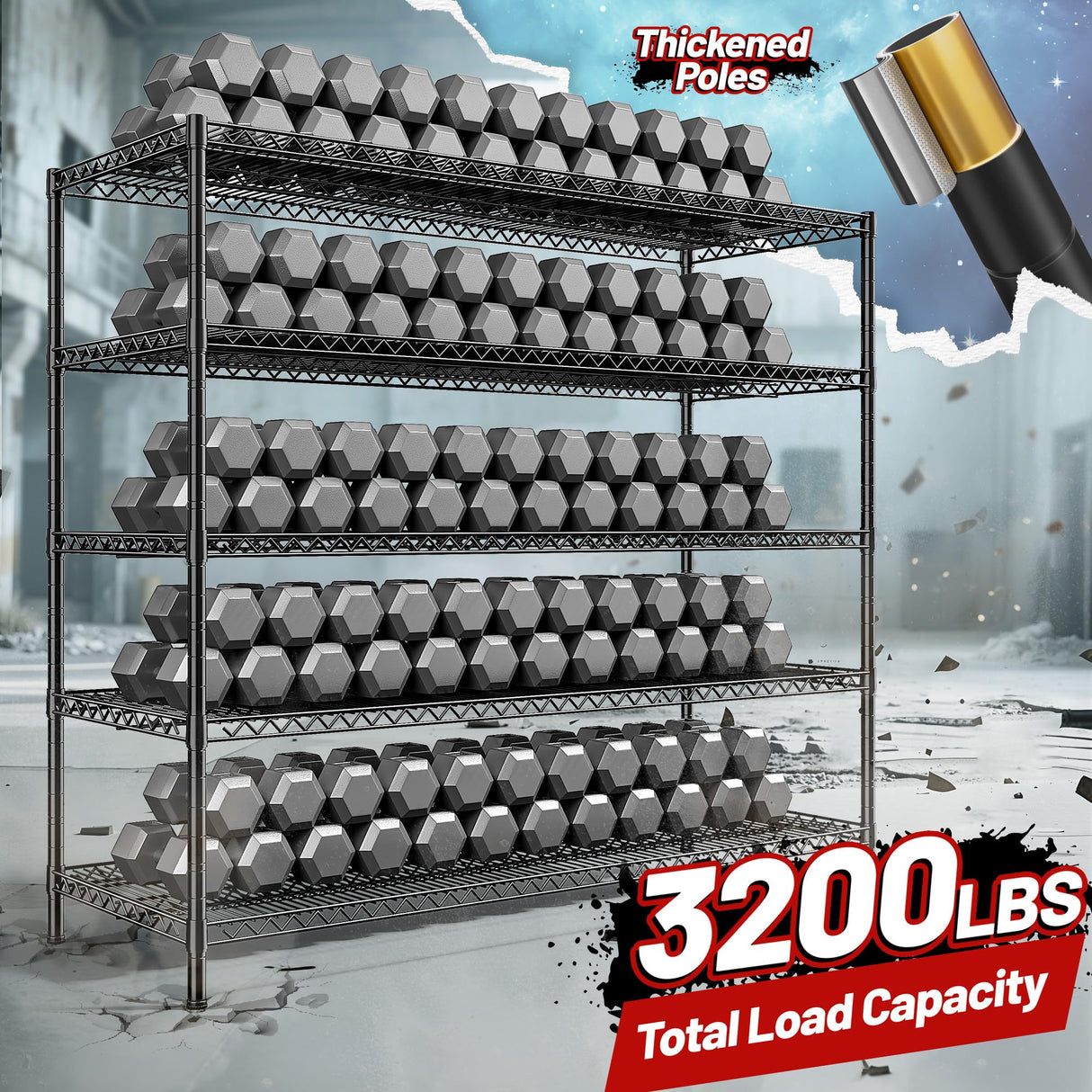 REIBII 55.5" W Storage Shelves 3200LBS Metal Shelving 5 Tier Wire Shelving Unit Garage Shelving Heavy Duty Metal Shelves for Storage Rack Commercial Adjustable Pantry Shelf, 55.5" W X 18''D X 71" H REIBII