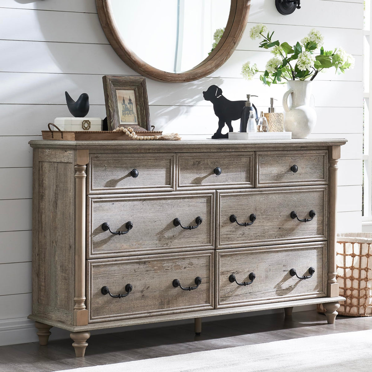 T4TREAM Farmhouse 7 Drawers Dresser Chests for Bedroom w/ 4 Solid Wood