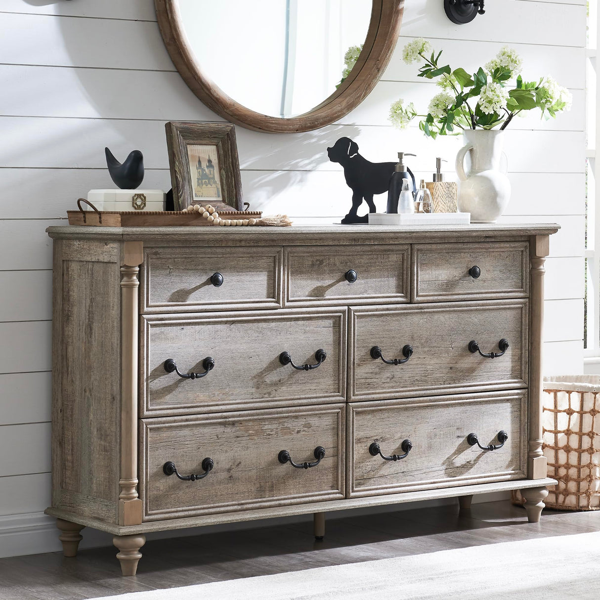 T4TREAM Farmhouse 7 Drawers Dresser Chests for Bedroom w/ 4 Solid Wood Feet & Column Decor, Tall Wide Wood Country Rustic Chest of Drawers, Storage Dressers for Bedroom, Living Room, Light Rustic Oak T4TREAM
