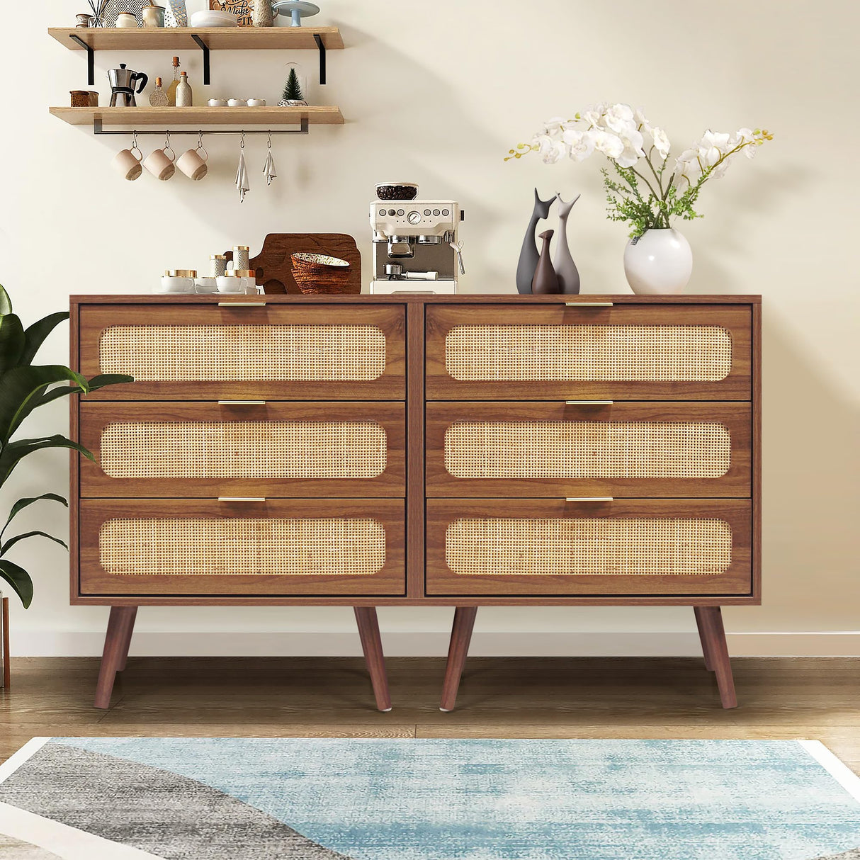 QHITTY Drawer Dresser Set of 2, Rattan Chest of Drawers with 3 Drawers Dresser, Accent Storage Cabinet Modern Bedside Table for Living Room, Bedroom, Entryway (Walnut) QHITTY