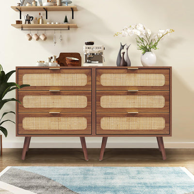 QHITTY Drawer Dresser Set of 2, Rattan Chest of Drawers with 3 Drawers Dresser, Accent Storage Cabinet Modern Bedside Table for Living Room, Bedroom, Entryway (Walnut)