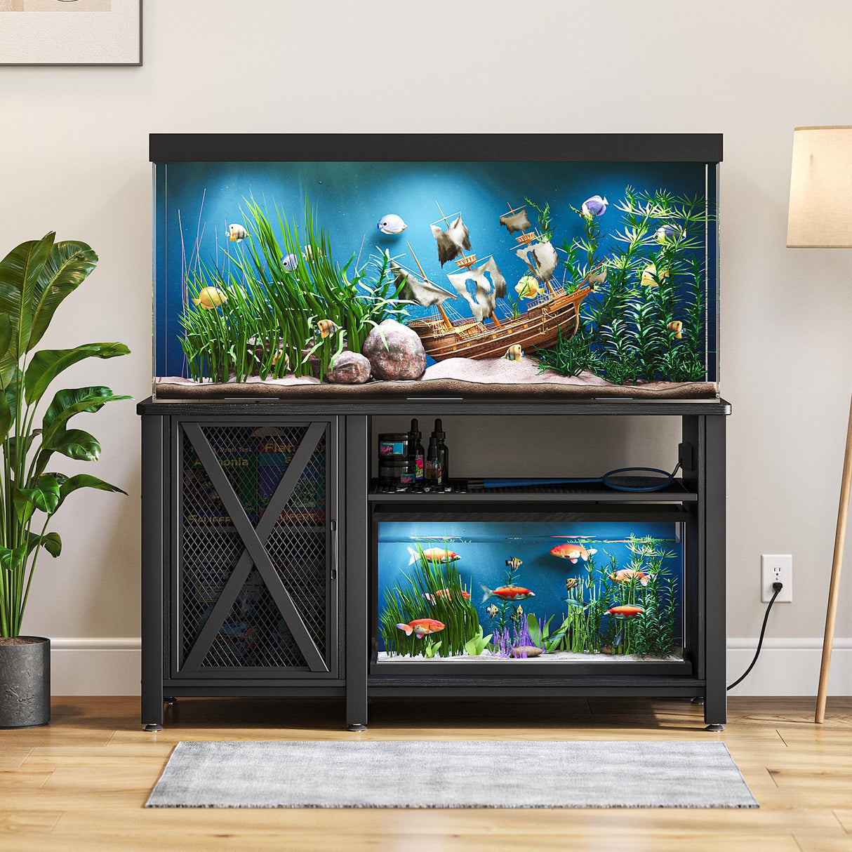 DWVO 55-75 Gallon Aquarium Stand with Power Outlets, Cabinet for Fish Tank Accessories Storage - Heavy Duty Metal Fish Tank Stand Suitable for Turtle Tank, Reptile Terrarium, 860LBS Capacity, Black DWVO
