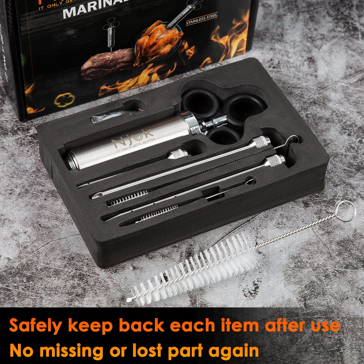Njek Stainless Steel Meat Flavor Injector Kit, 2-oz Large Capacity with 3 Professional Needles, Marinade and Seasoning Injector Syringe for Beef, Turkey, Brisket, Sturdy and Heavy-duty for BBQ Grill Njek