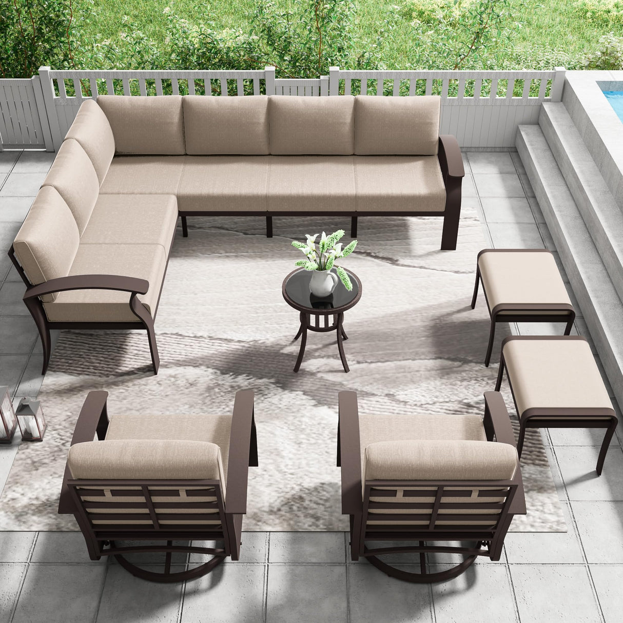 ASJMR 10-seat Aluminum Patio Furniture Set, L-Shaped Sectional Sofa with 5.1" Cushions, High Backrest & 2 Footstools, Durable Outdoor Patio Furniture Set, Backyard, Poolside - Sand ASJMR