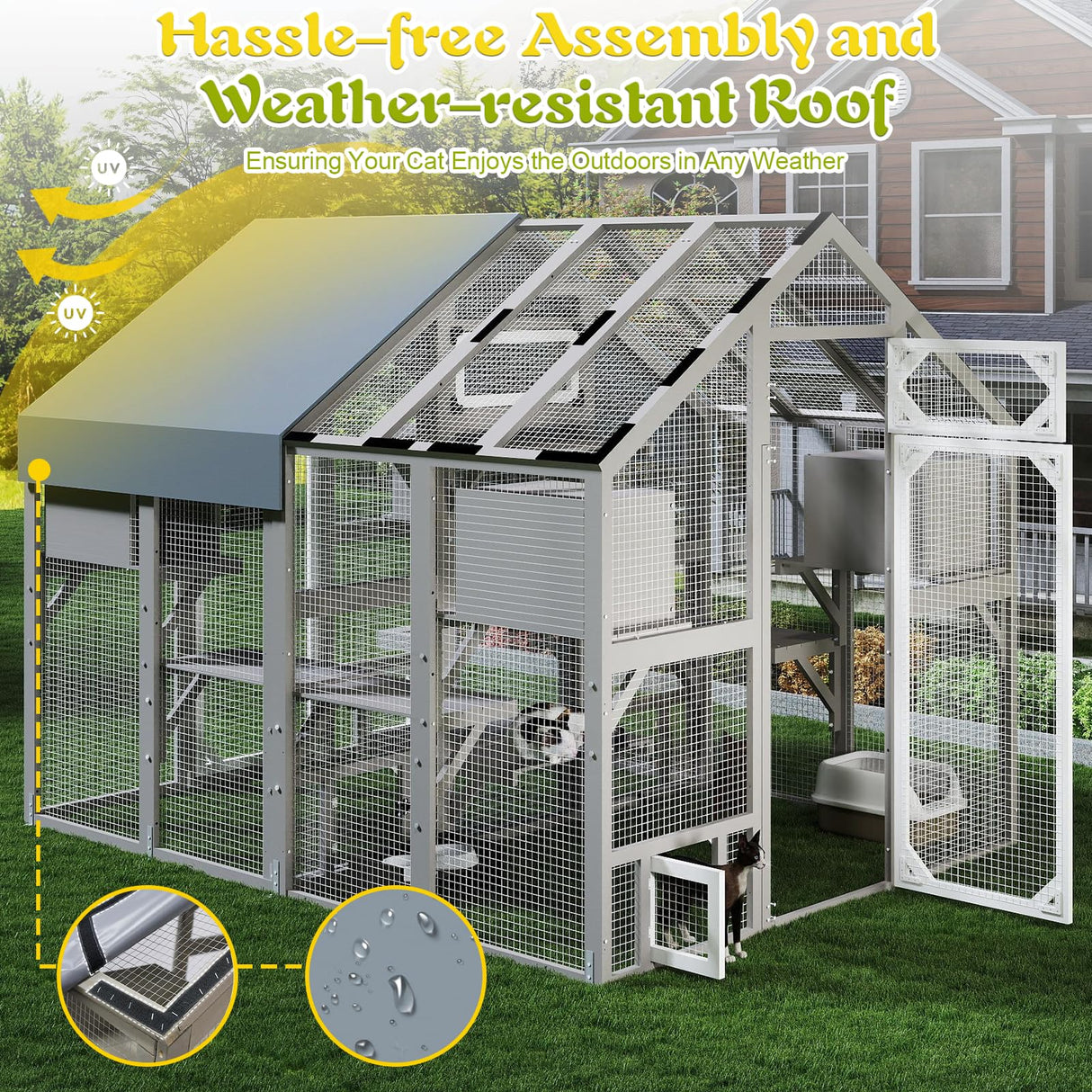 PetsCosset 71" H Catio Outdoor Cat Enclosure for Multiple Cats Large Wooden Walk in Cats House Outside Weatherproof Roof,Attached to House's Window,Cat's Door and Tunnel PetsCosset