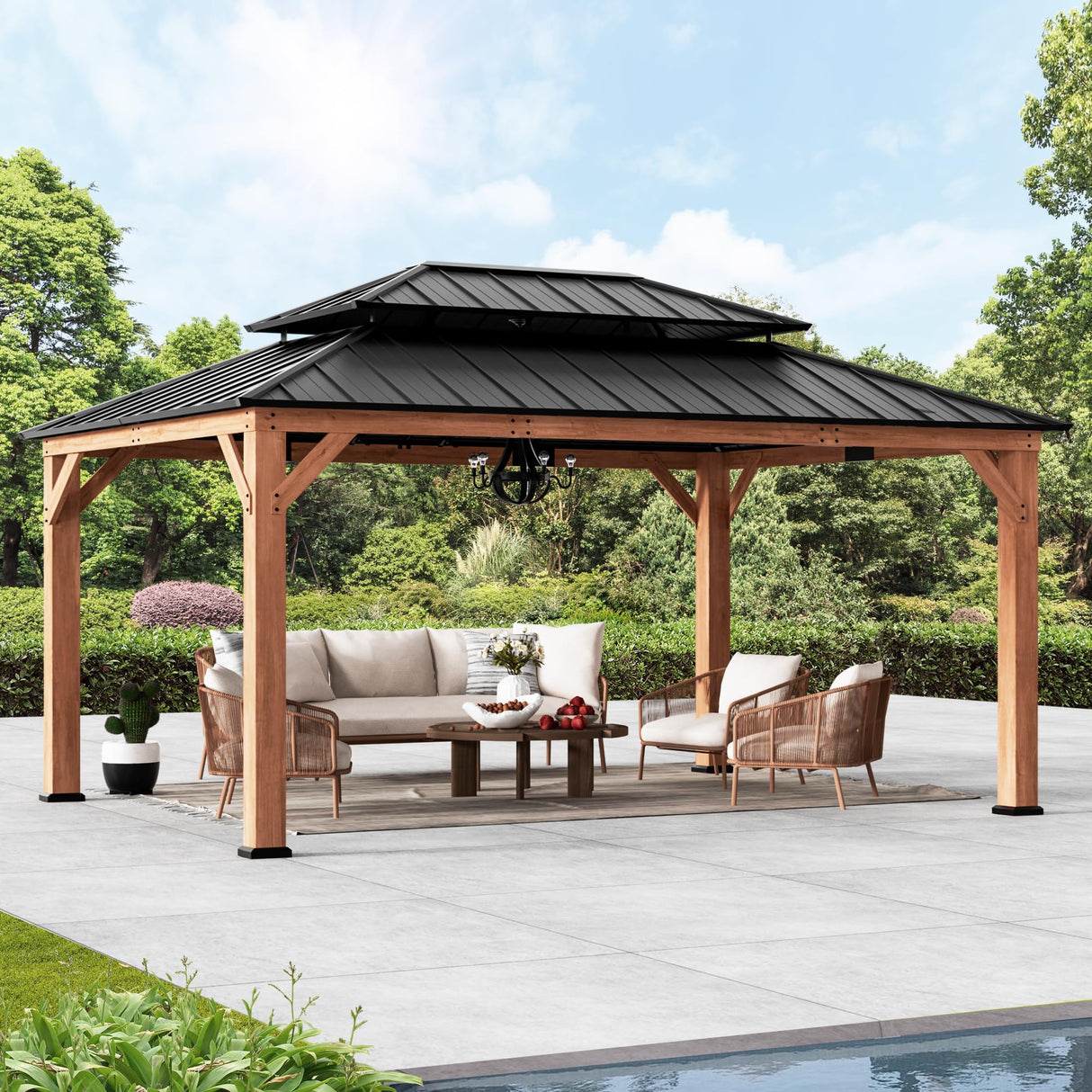 Modern Shade Rosewood Wood Gazebo 12' x 16', Cedar Framed Wood Grill Gazebo with Double Galvanized Steel Roof, Permanent Hardtop Wooden Pavilion with Sturdy Hooks for Garden, Backyard, Patio, and Deck Modern Shade Outdoor Living Spaces