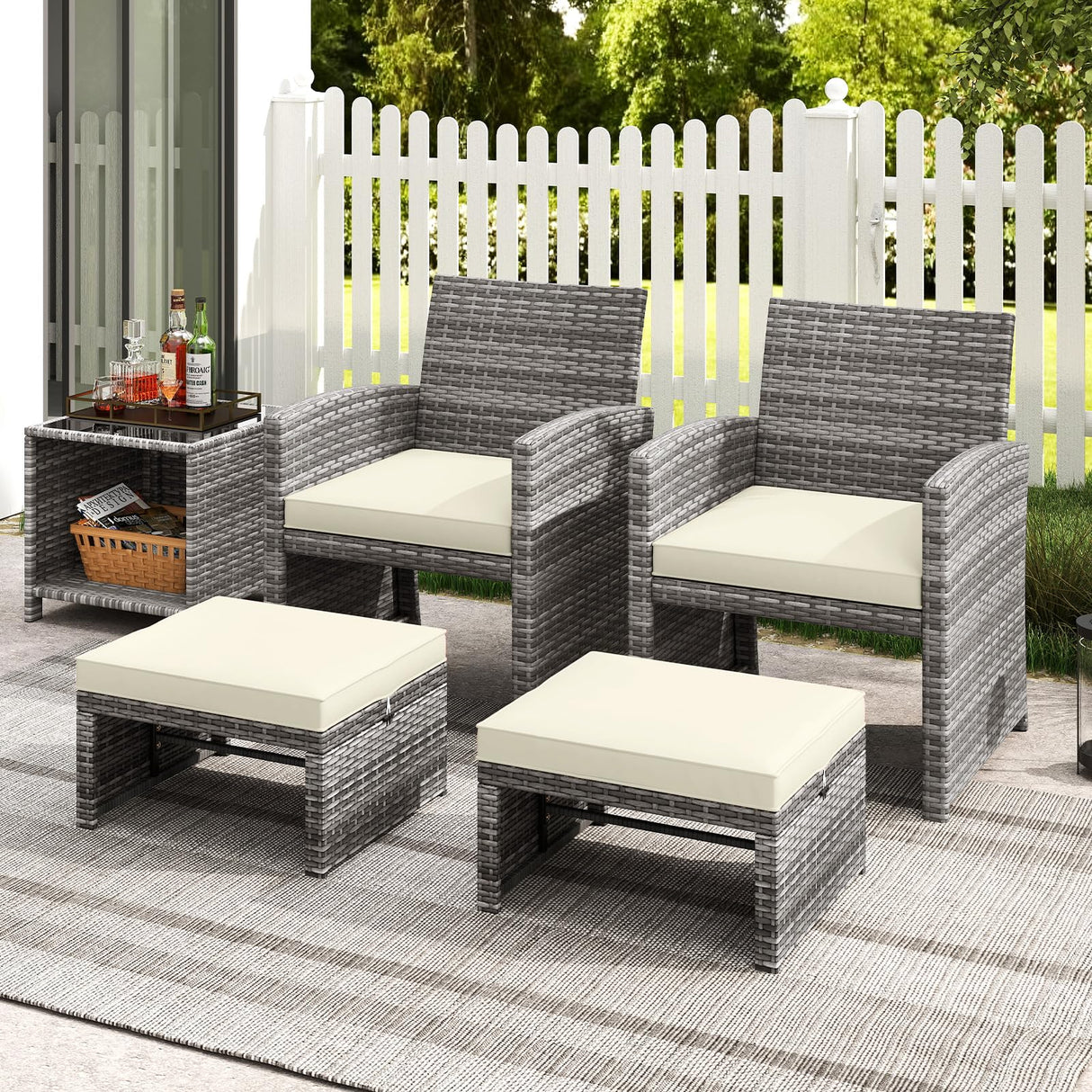 RELAX4LIFE Wicker Outdoor Ottoman Set of 2 - Rattan Footstools Foot Rest w/Removable Cushions, Multipurpose Side Table & Additional Seating, Outdoor Ottomans for Patio Garden Porch (Grey-Off White) RELAX4LIFE