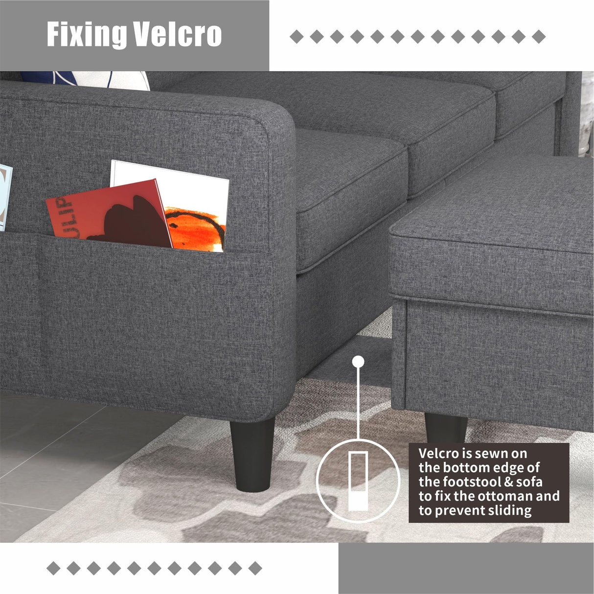Sectional Sofa Couches for Living Room, Small Space Couch L-Shaped Sofa, 3 Seat Modern Sofas Convertible with Storage Ottoman for Small Space, Bedroom, Offices and Apartments, Dark Grey Grzyhem