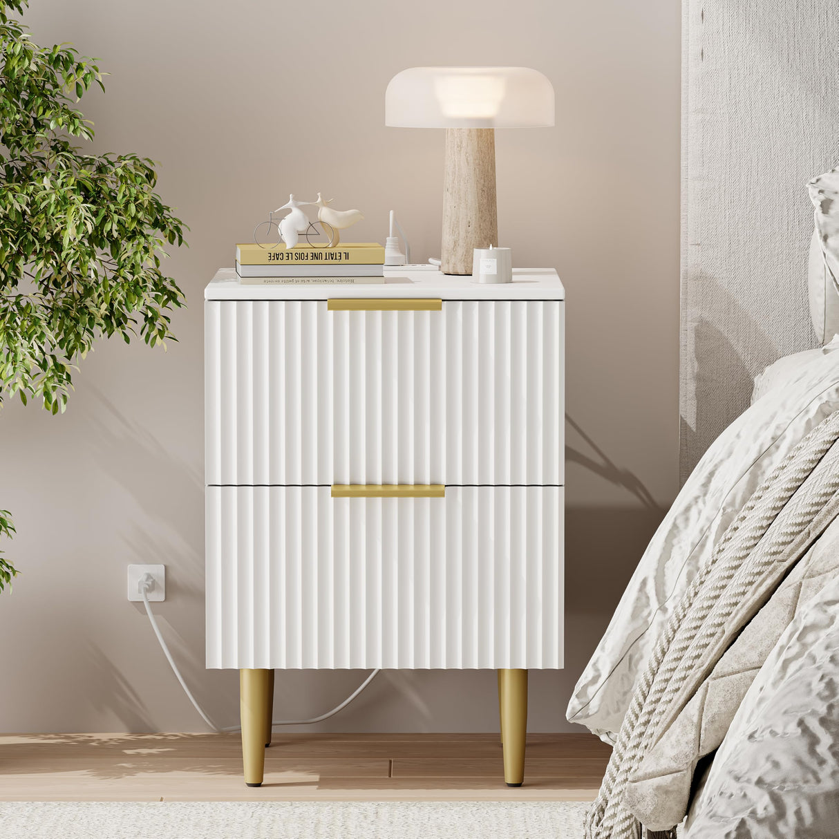 Akxomel White Nightstand Set of 2, Fluted Night Stand with Charging Station, 13.8" D x 15" W x 23.2" H, 2 Drawers Modern Bedside Table with USB Ports and Outlets, Golden Side Table for Bedroom Akxomel