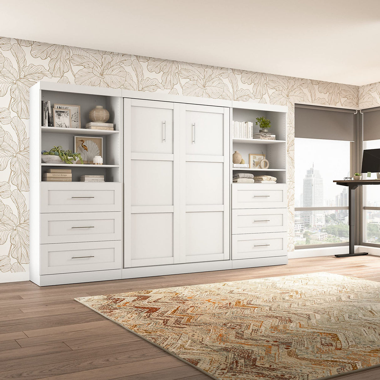 Bestar Pur Full Murphy Bed and 2 Shelving Units with Drawers, 131-inch Space-Saving Wall Bed Bestar