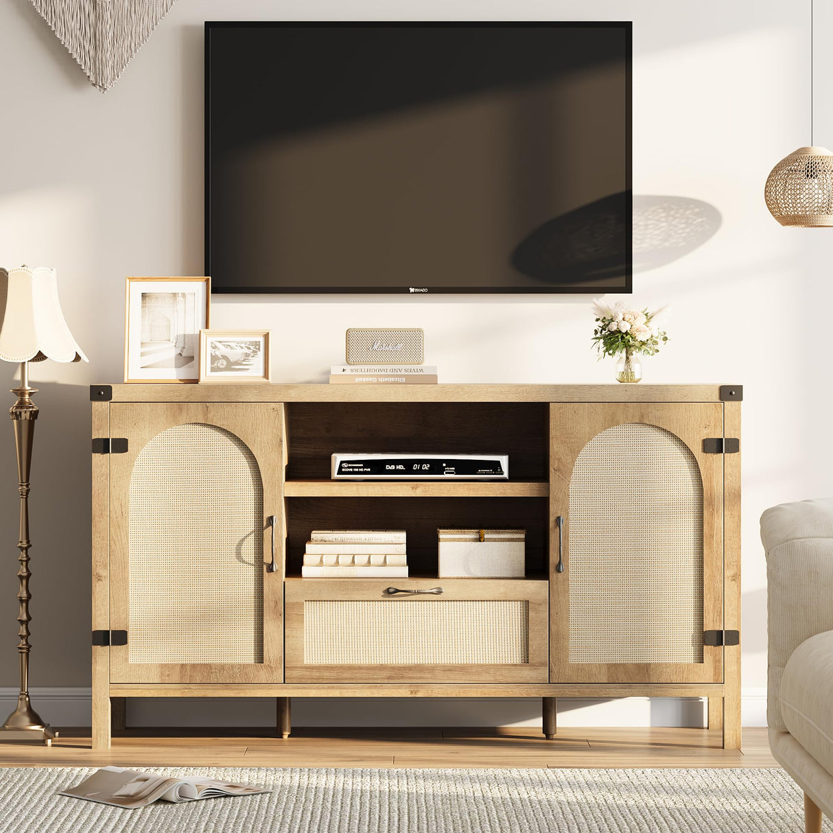 Senfot 47.2" Rattan Sideboard Buffet Cabinet with Storage, Farmhouse Kitchen Buffet Cabinet with Drawer, Boho Wooden Coffee Bar Cabinets with Open Shelves, for Dining Room, Living Room, Natural Senfot