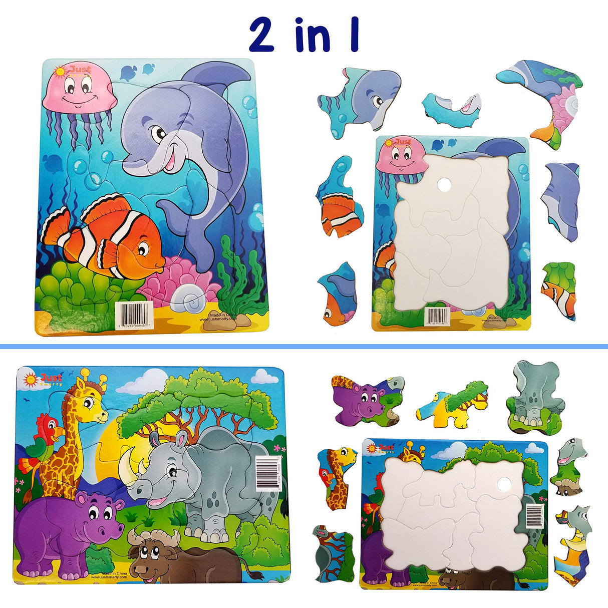 Just Smarty Preschool Puzzles for Toddlers 2-4 Set of 2 | Fun Shapes Ocean Puzzle and Zoo Puzzle 7 Pieces Each with Tray | Kids Puzzles Ages 2-4 | Educational and Learning Puzzles Kindergarten Level 2 Just Smarty