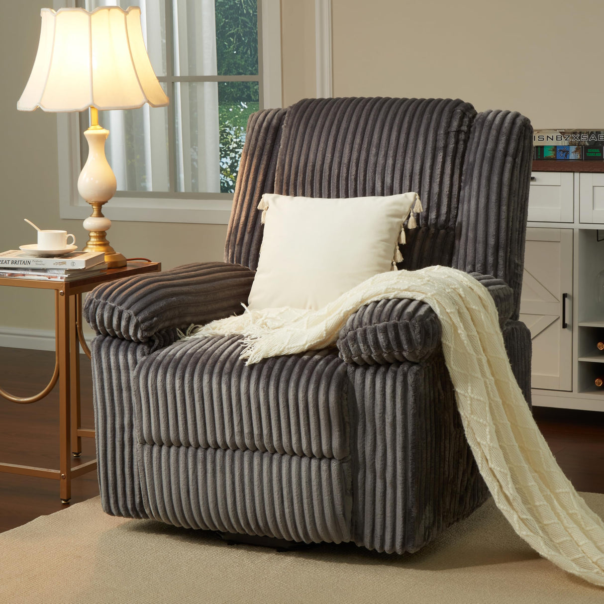 Garvee Corduroy Recliner Chair, Manual Recliner Sofa with Handle, Pillow Top Arms, Thick Padding, Side Pocket, 330Lbs Capacity, Adjustable Recliner for Living Room, Bedroom, Home Theater, Dark Gray Garvee