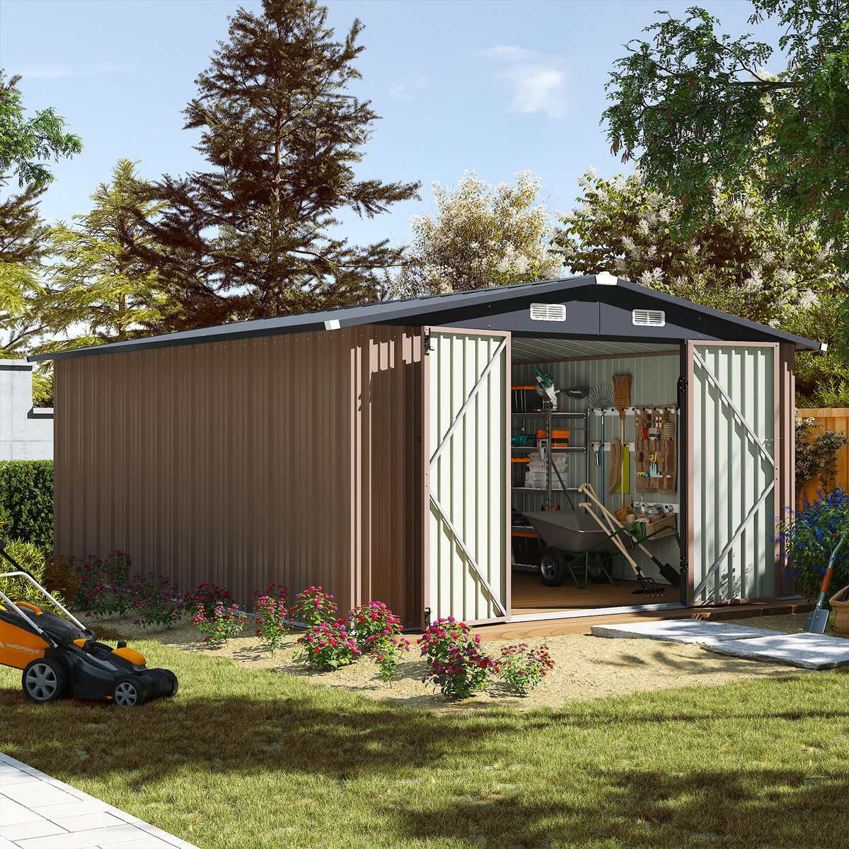 Aoxun 10 x 12FT Outdoor Storage Shed with Double Hinged Large Door Uti ...