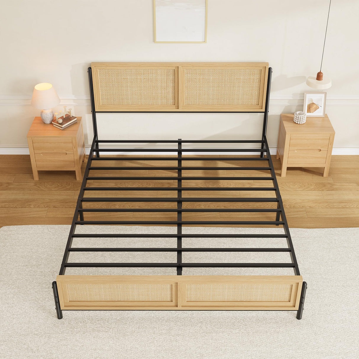GarveeHome Boho Full Size Bed Frame with Natural Rattan Headboard and Footboard, Wooden Full Platform Bed No Box Spring Needed, 14 inch Noise-Free Easy Assemble Metal Bedframe GarveeHome