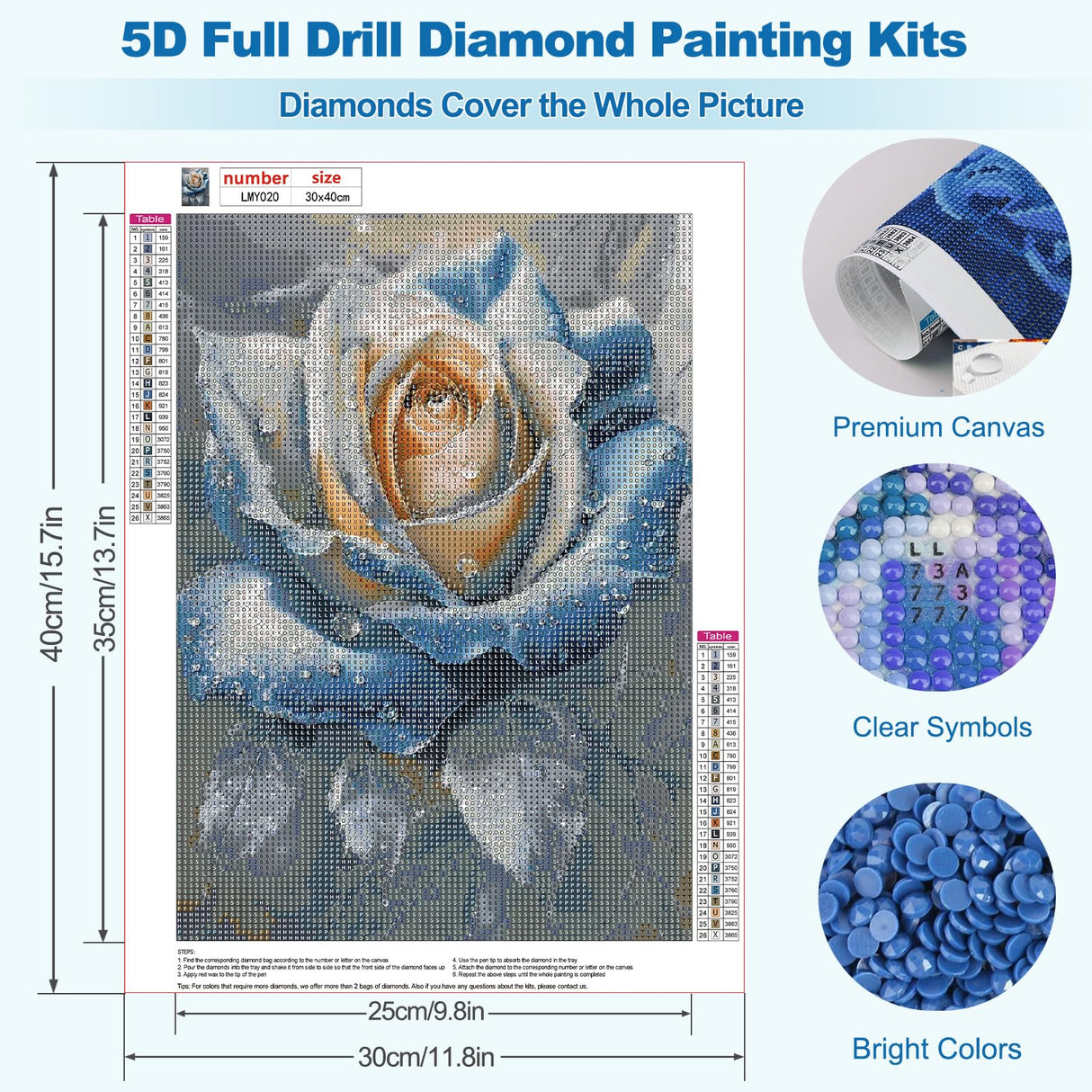 MEIYUDA Rose Diamond Painting Kits for Adults, 5D Blue Flowers Diamond Art Kits for Beginners, Floral DIY Gem Art Crystal Painting for Home Wall Decor Gift 12x16in MEIYUDA