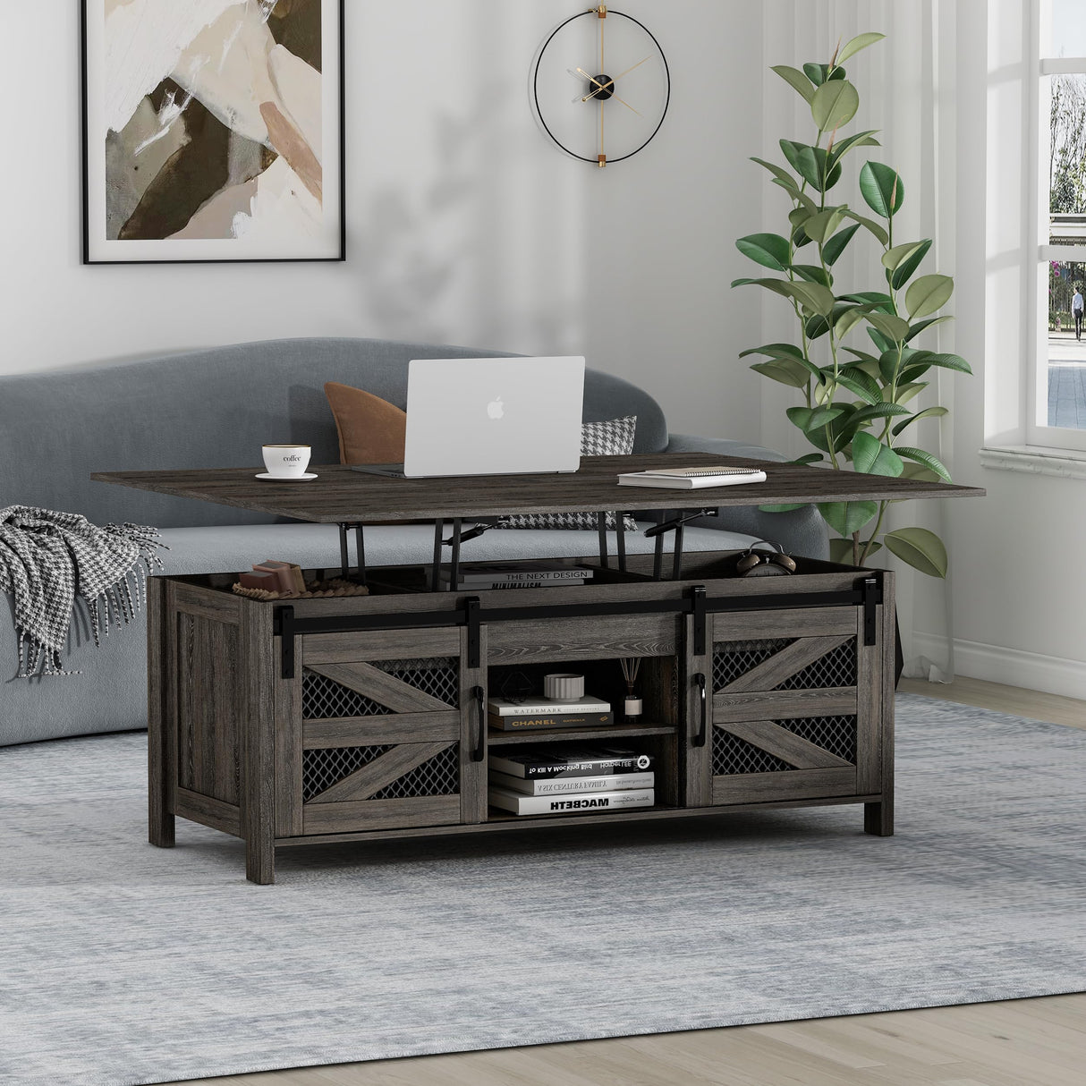 wanan 47.2" Lift Top Coffee Table, 4 in 1 Farmhouse Coffee Table with Sliding Barn Doors, Coffee Tables for Living Room, Dining Room (Grey) wanan
